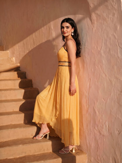 Celeste Marigold Chinon Pearl Hand Work Party Wear  Pleated Maxi Dress