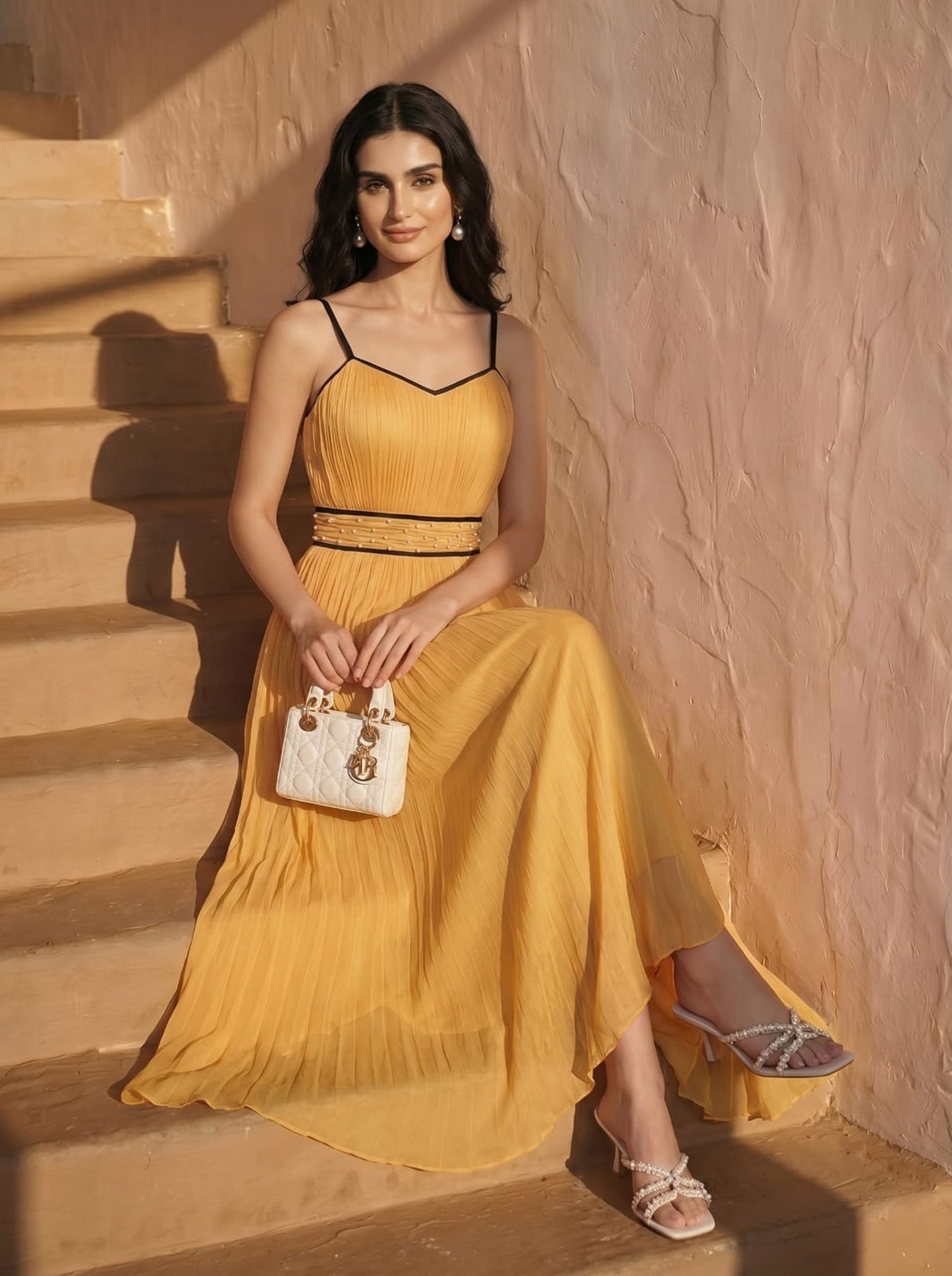 Celeste Marigold Chinon Pearl Hand Work Party Wear  Pleated Maxi Dress
