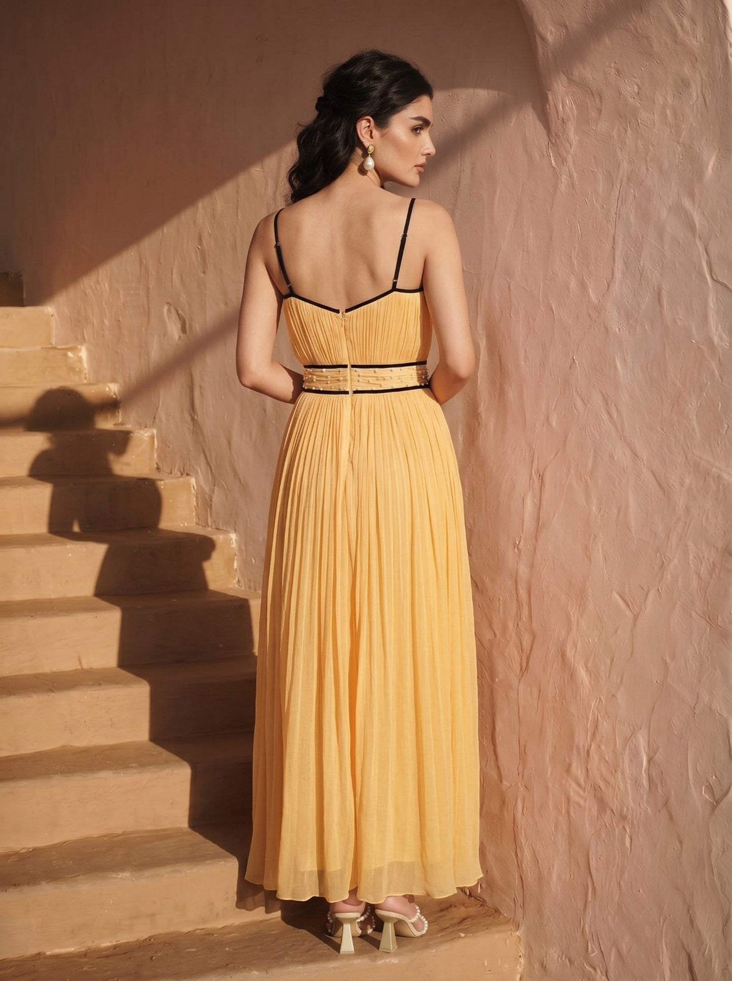 Celeste Marigold Chinon Pearl Hand Work Party Wear  Pleated Maxi Dress