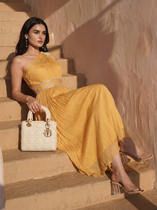 One-shoulder Marigold Chinon Pearl Hand Work Party Wear Pleated Gown