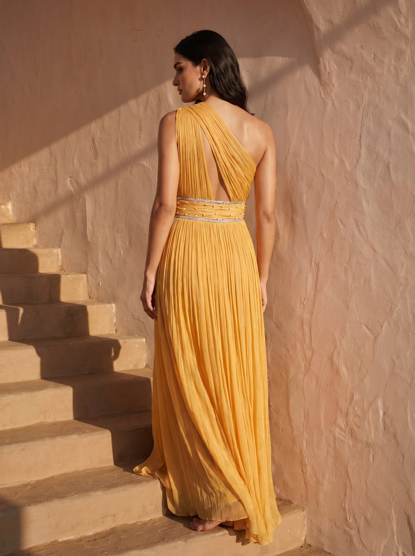 One-shoulder Marigold Chinon Pearl Hand Work Party Wear Pleated Gown