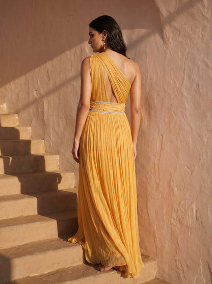 One-shoulder Marigold Chinon Pearl Hand Work Party Wear Pleated Gown