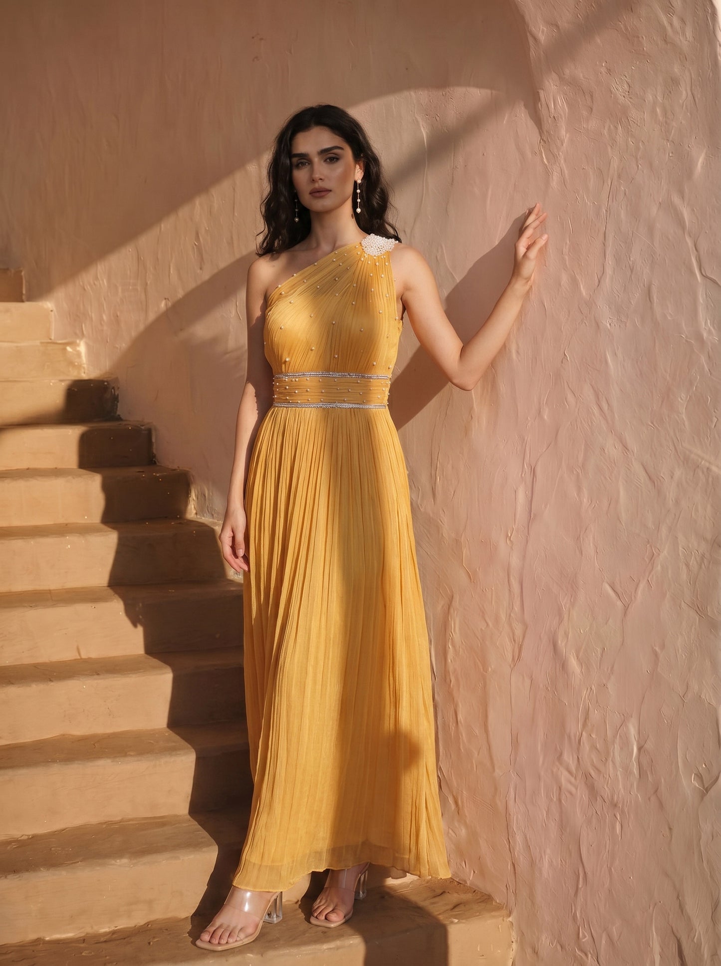 One-shoulder Marigold Chinon Pearl Hand Work Party Wear Pleated Gown