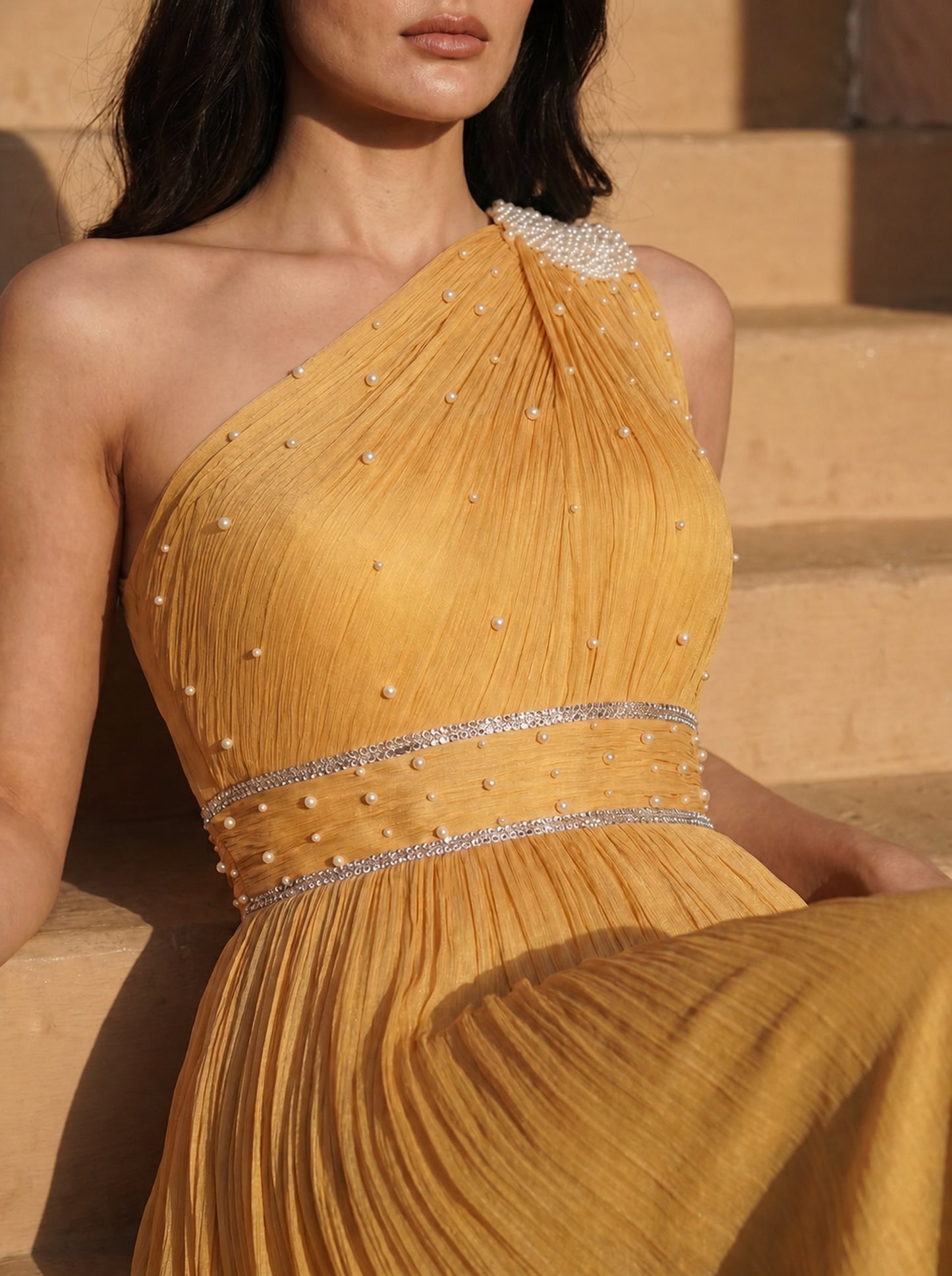 One-shoulder Marigold Chinon Pearl Hand Work Party Wear Pleated Gown