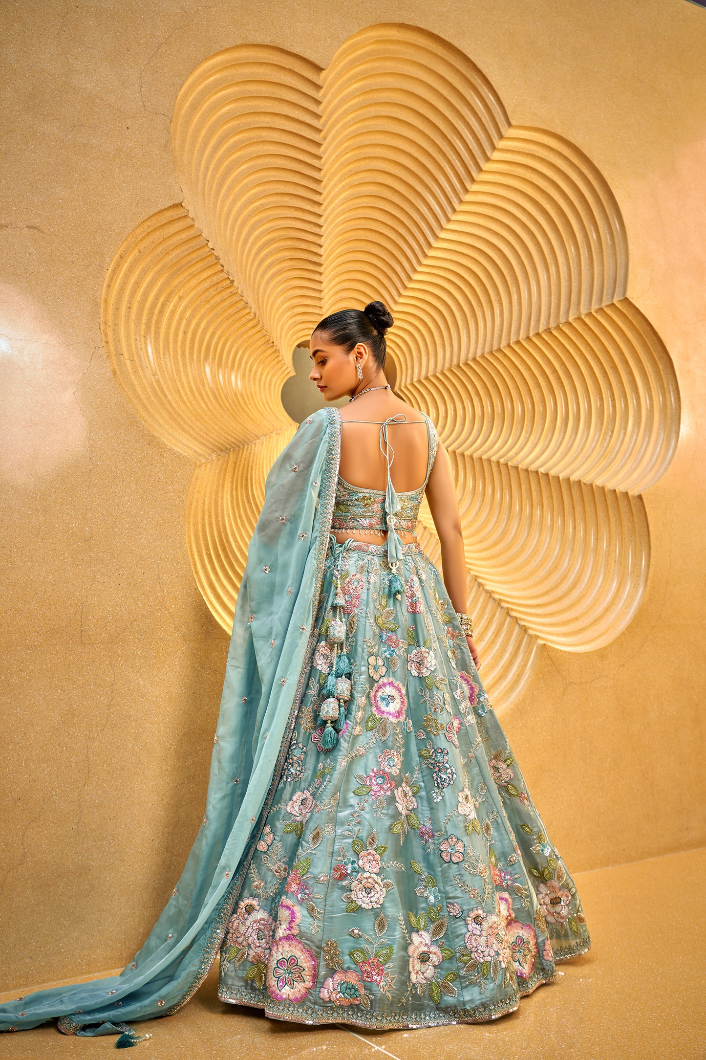 Sea Green Organza Cut-dana & Handwork Designer Lehenga choli & Dupatta