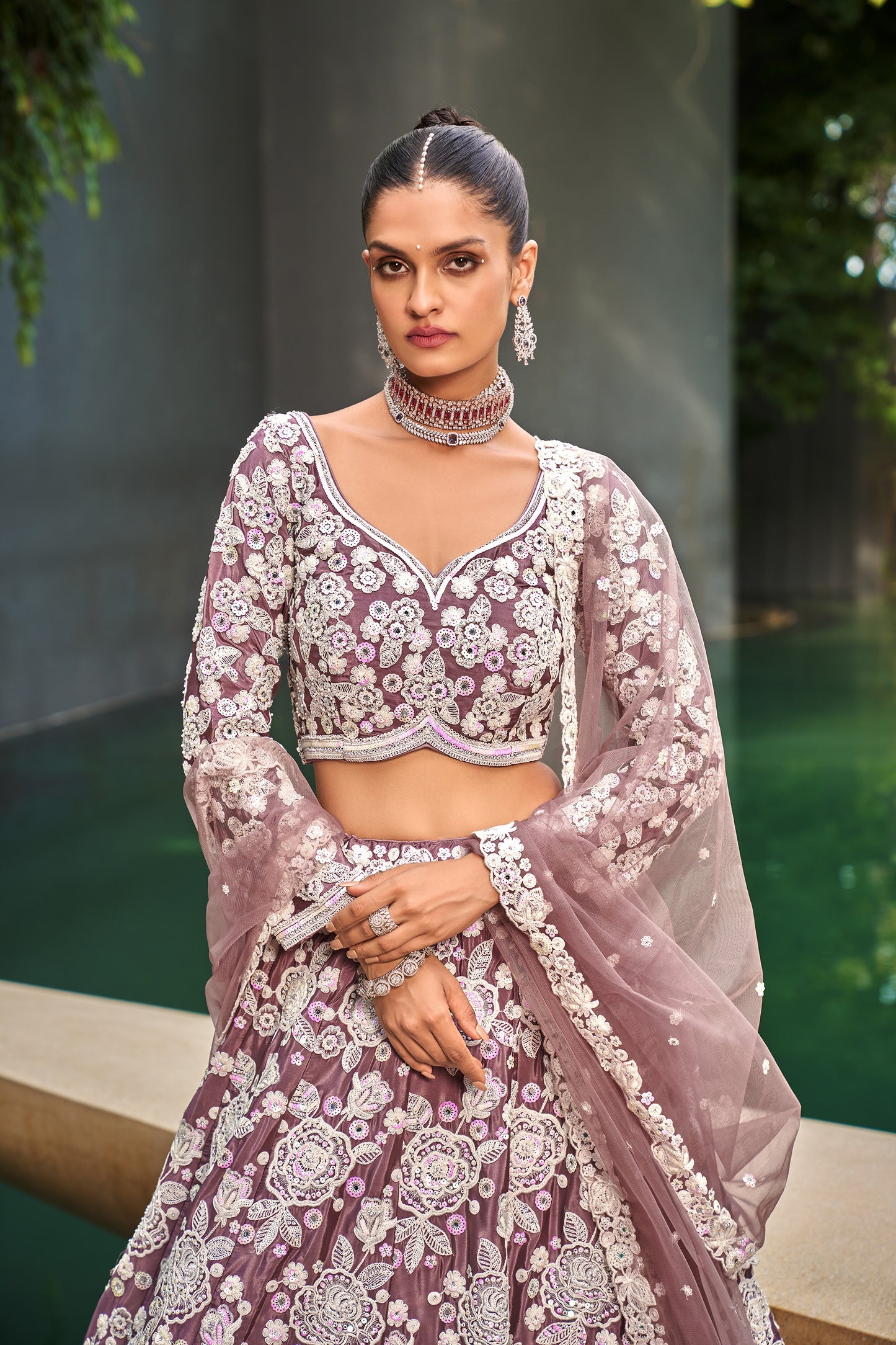 Lavender Satin Sequins & Moti work Bridesmaid Lehenga set
