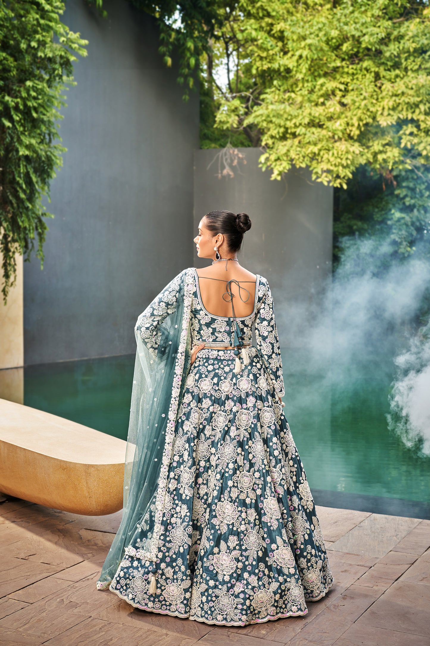 Teal Satin Sequins & Moti work Bridesmaid Lehenga set