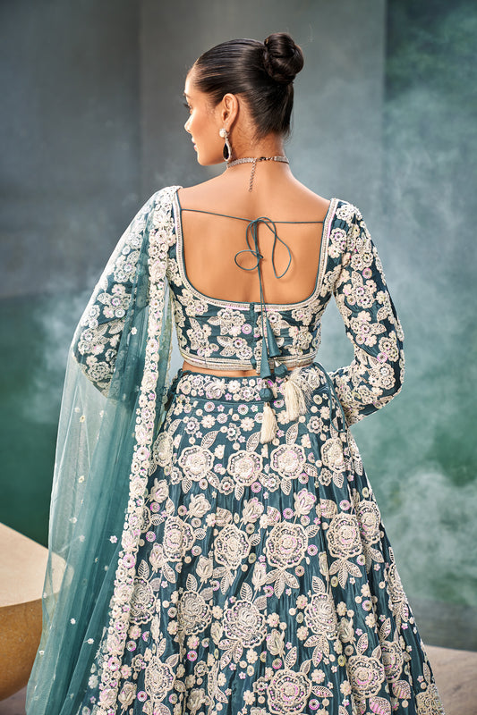 Teal Satin Sequins & Moti work Bridesmaid Lehenga set