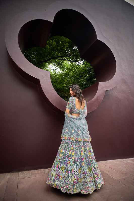 Turquoise blue Net Zarkan & heavy Sequin embroidery Designer Lehenga choli & Dupatta