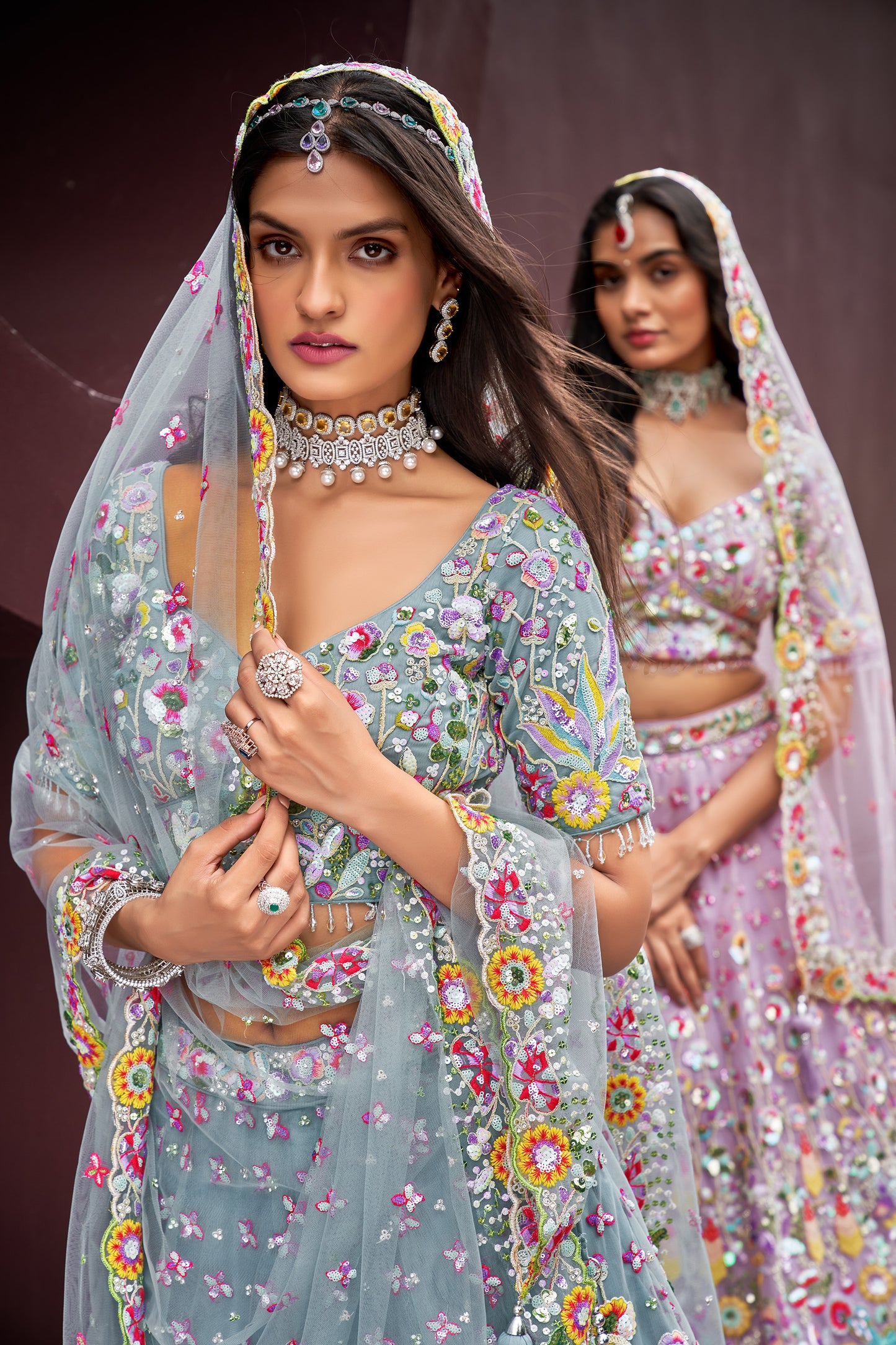 Turquoise blue Net Zarkan & heavy Sequin embroidery Designer Lehenga choli & Dupatta