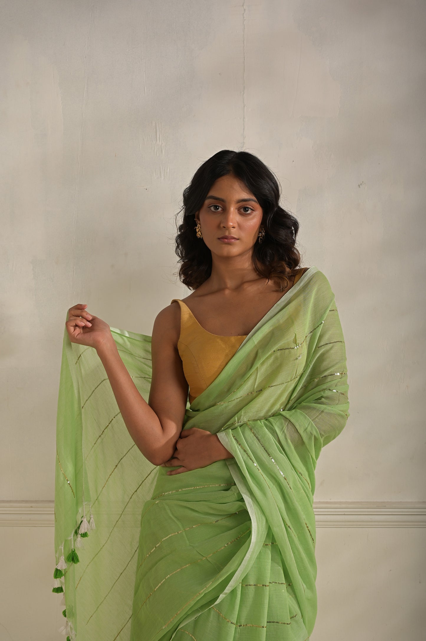 Miraya | Mint Green Handloom Mul Cotton saree with sequined lines