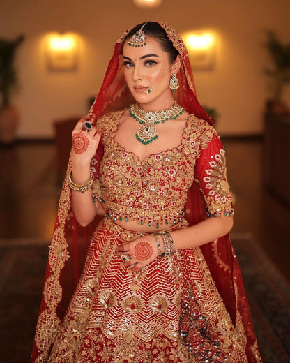Passionate Red Sequins Embroidered Bridal Lehenga Set With Zari &Cut Dana in Raw Silk