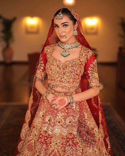 Passionate Red Sequins Embroidered Bridal Lehenga Set With Zari &Cut Dana in Raw Silk