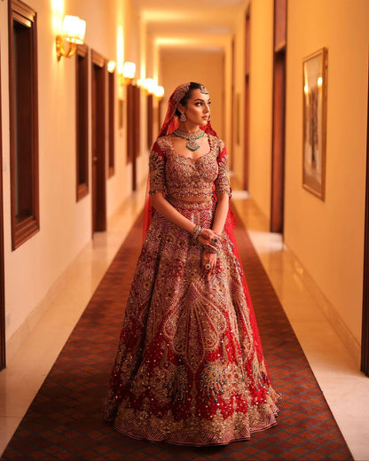 Passionate Red Sequins Embroidered Bridal Lehenga Set With Zari &Cut Dana in Raw Silk