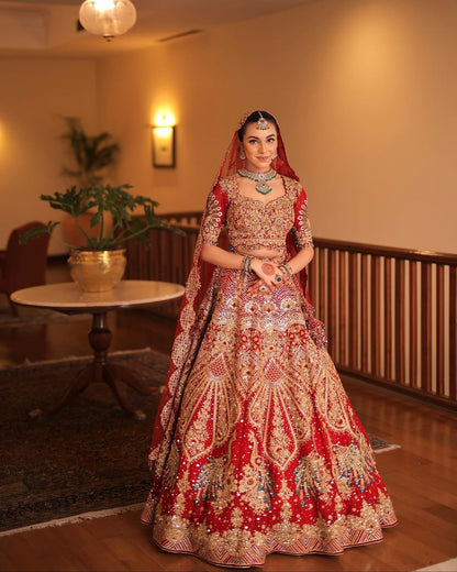 Passionate Red Sequins Embroidered Bridal Lehenga Set With Zari &Cut Dana in Raw Silk
