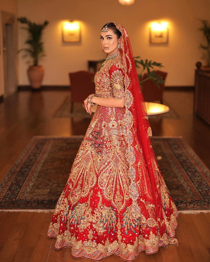 Passionate Red Sequins Embroidered Bridal Lehenga Set With Zari &Cut Dana in Raw Silk
