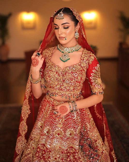 Passionate Red Sequins Embroidered Bridal Lehenga Set With Zari &Cut Dana in Raw Silk