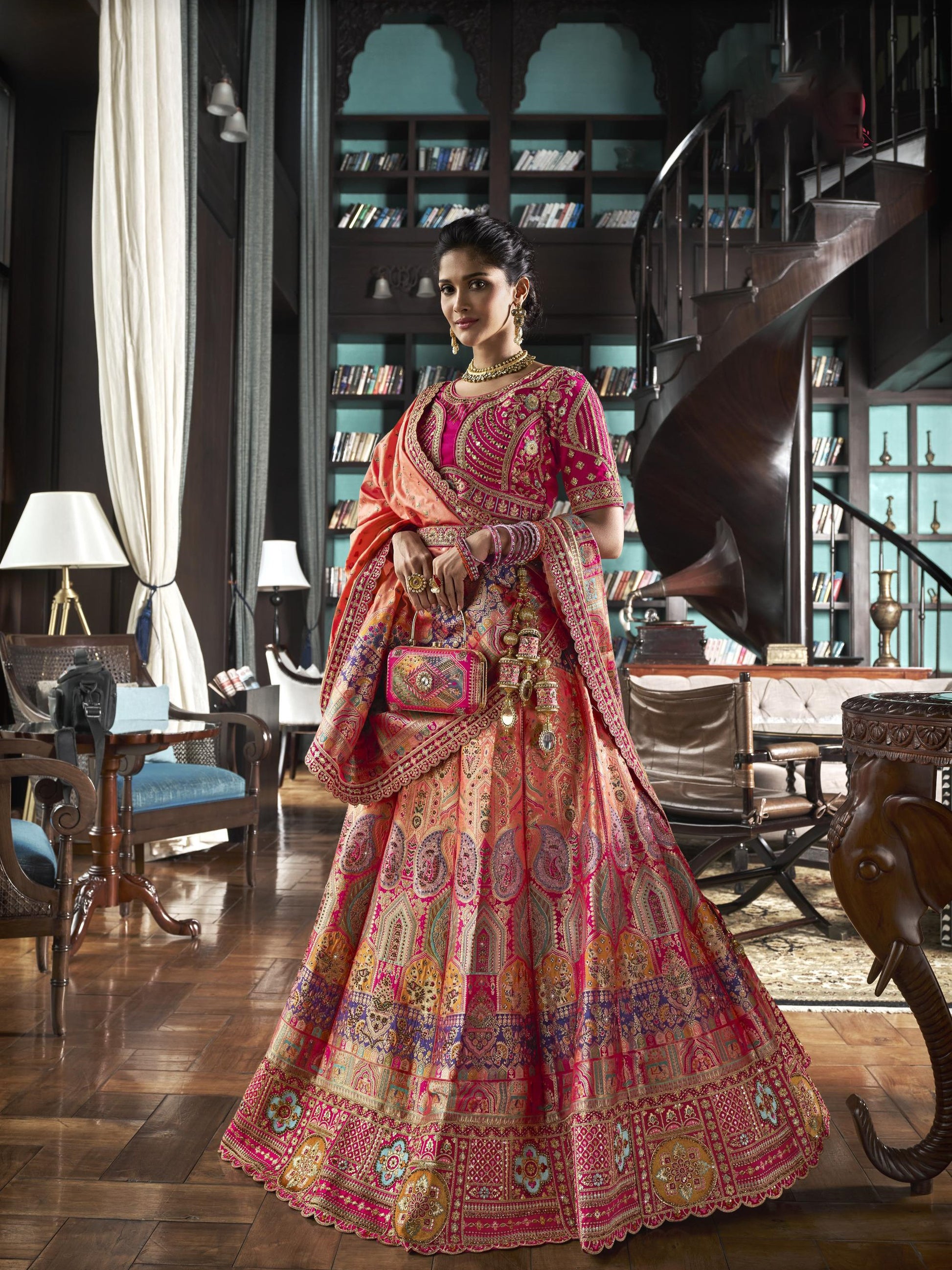 Multi Color Banarasi Silk Zarkan Embroidered Bridal Lehenga 