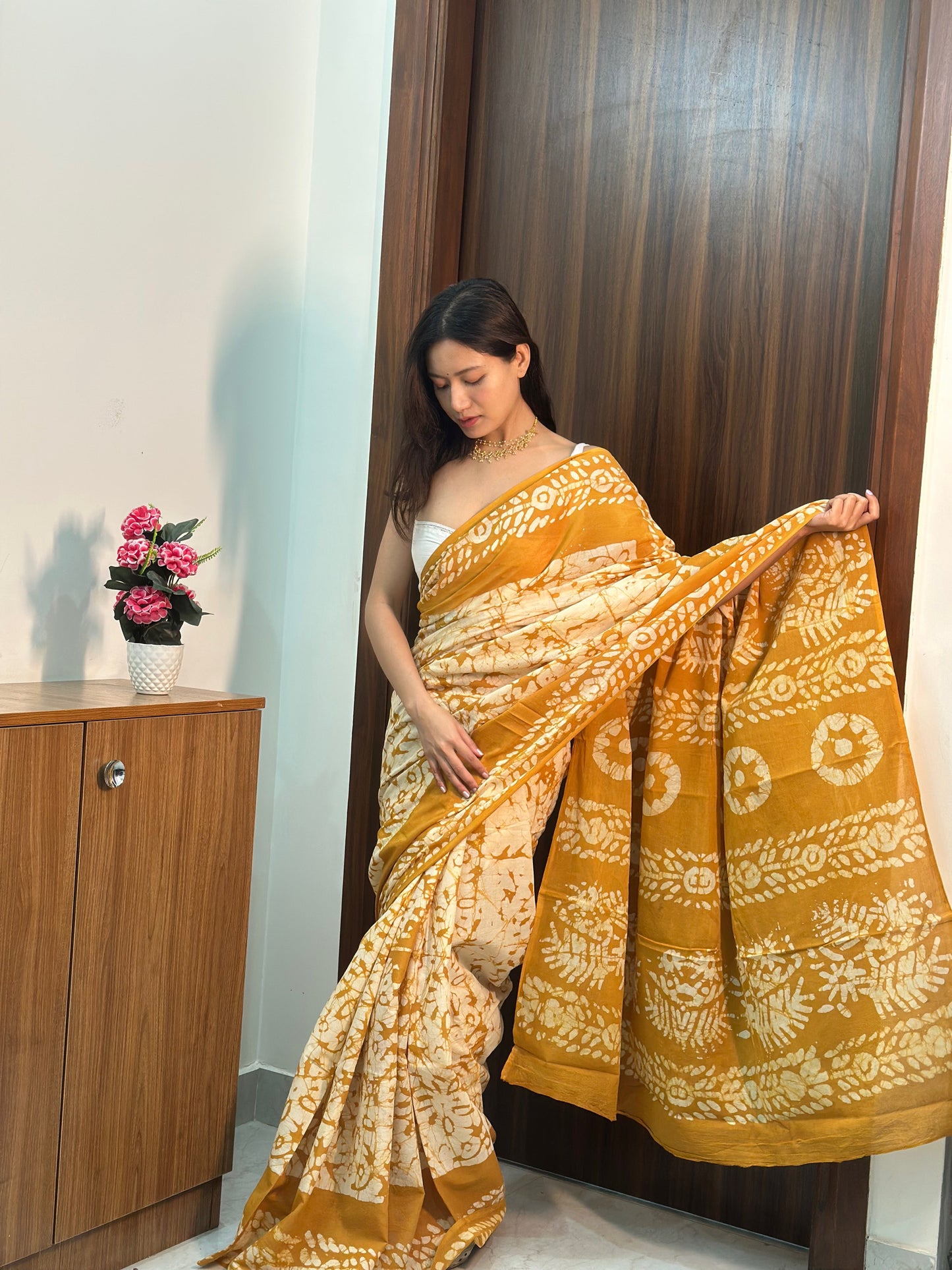 Yellow & Cream Batik Handblock Mulmul Cotton Saree