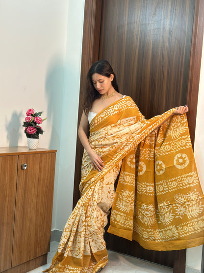 Yellow & Cream Batik Handblock Mulmul Cotton Saree
