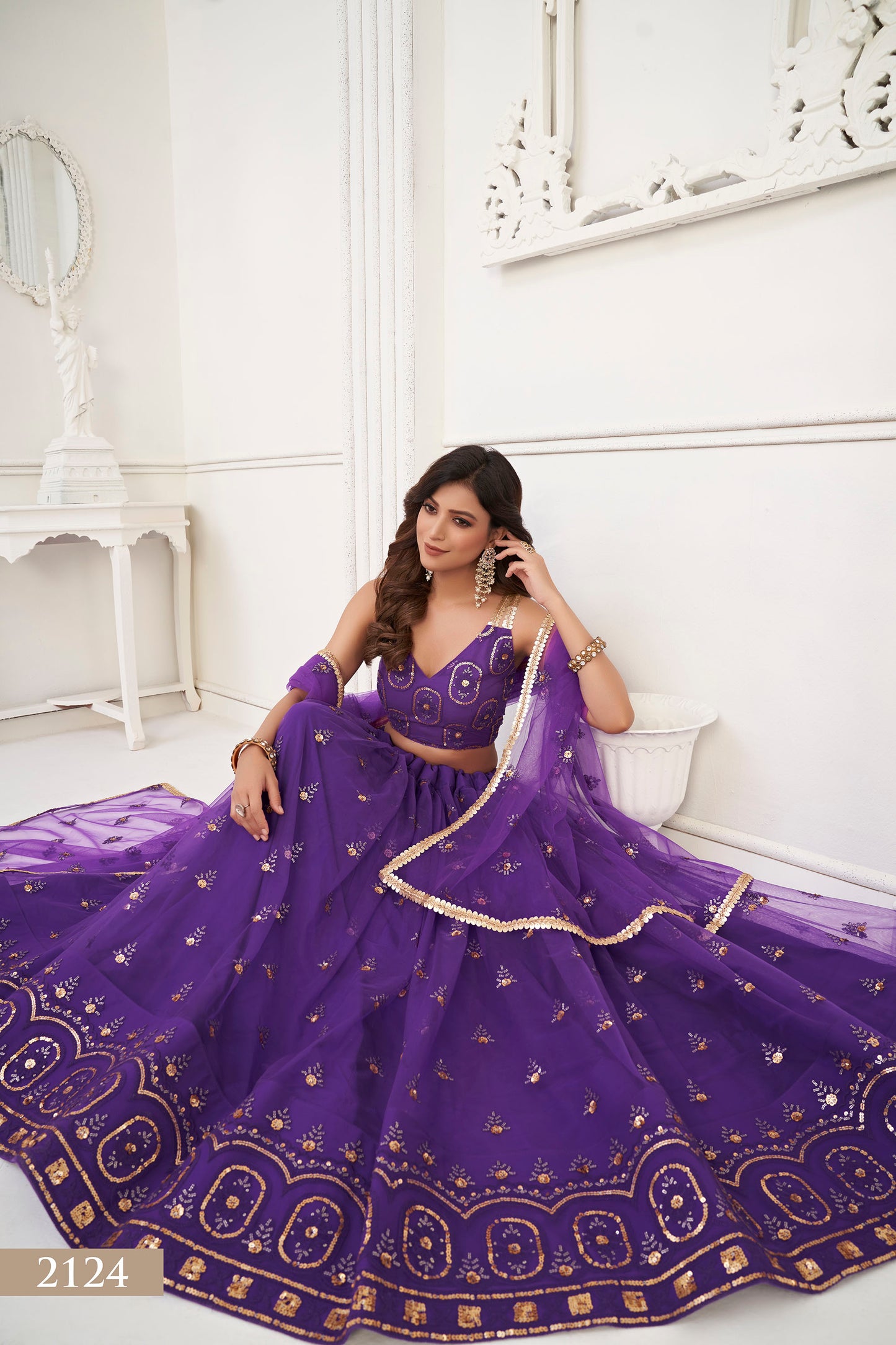 Purple Butterfly Net Sequin & Cotton Thread Work Reception Lehenga