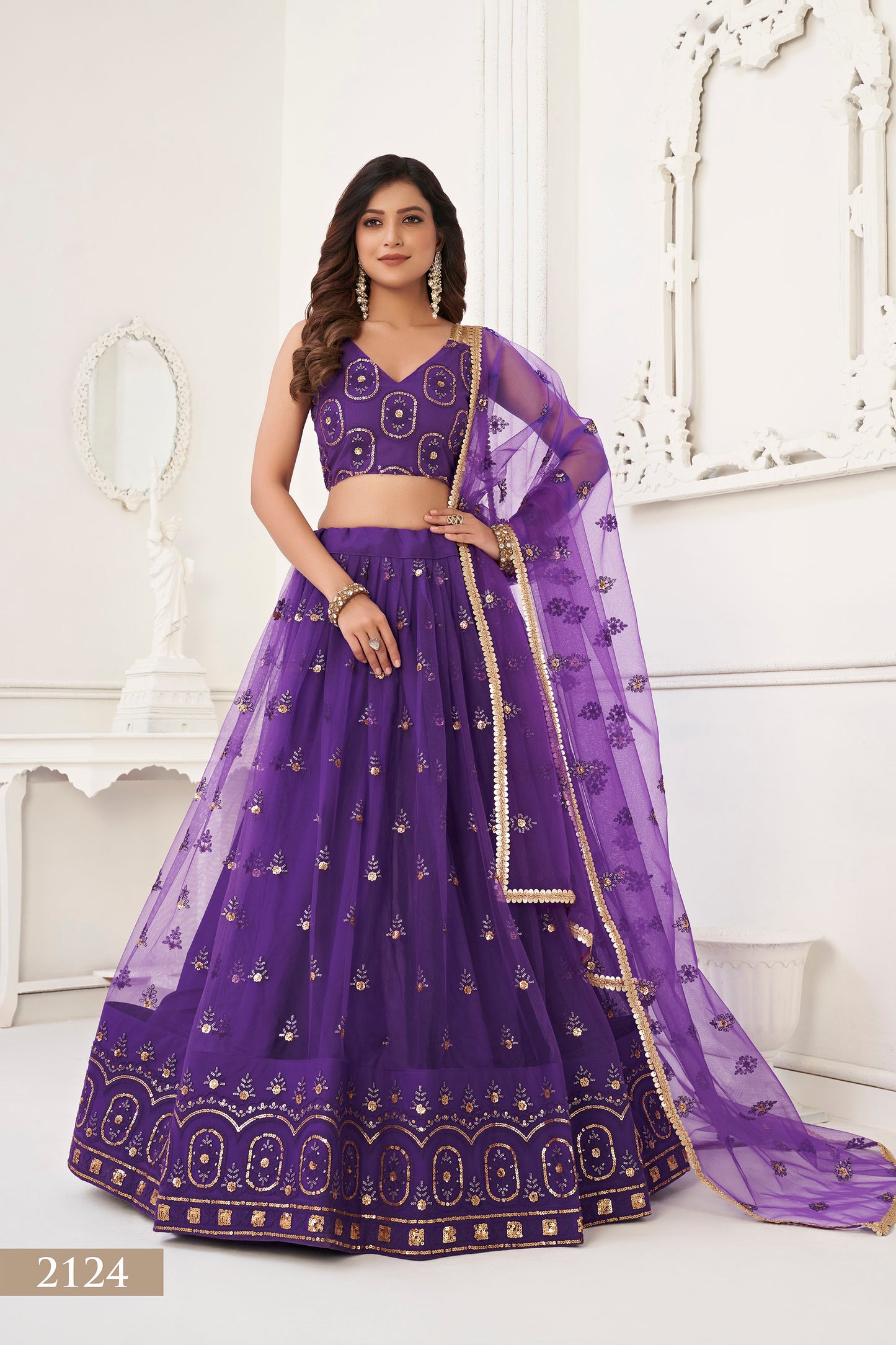 Purple Butterfly Net Sequin & Cotton Thread Work Reception Lehenga