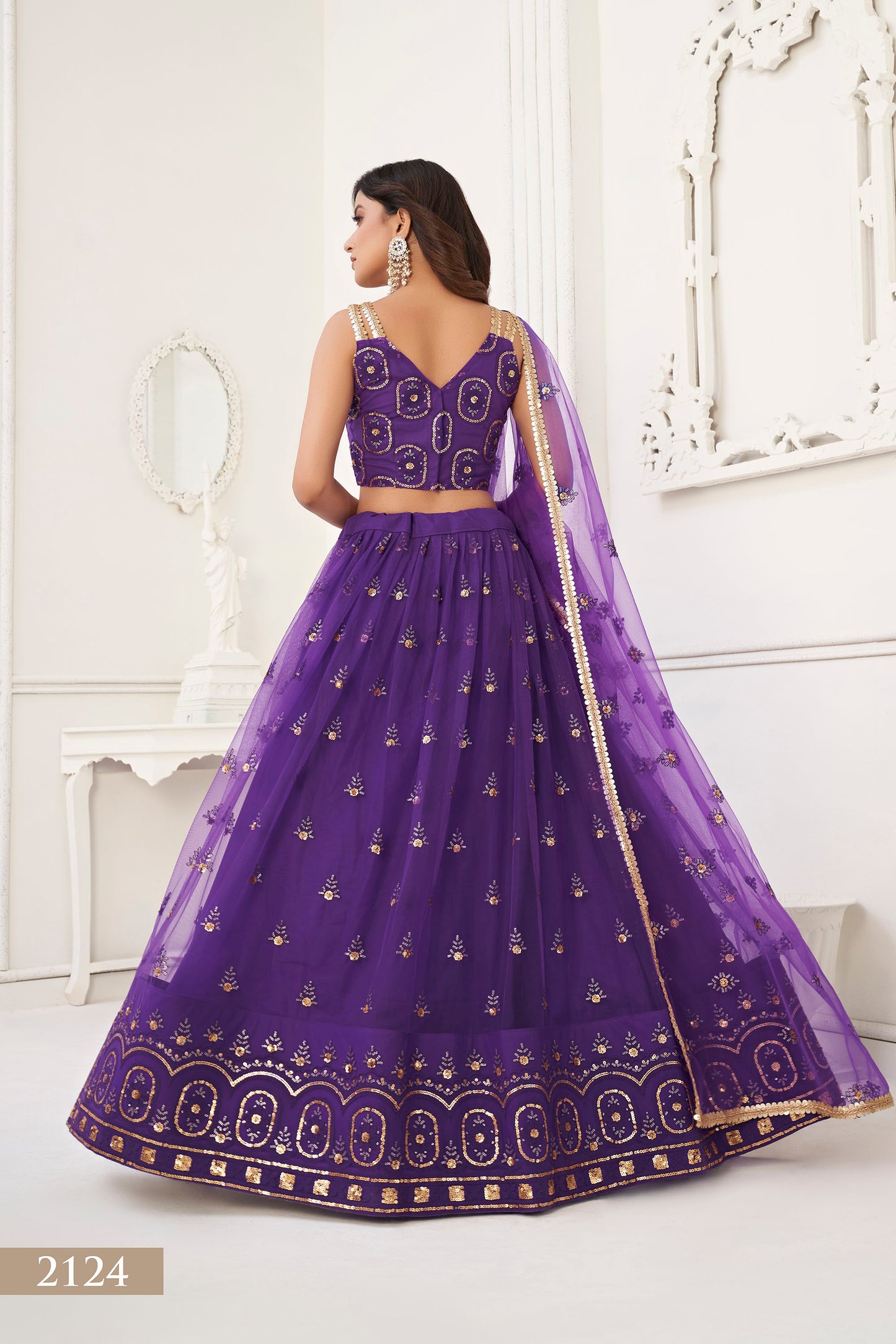 Purple Butterfly Net Sequin & Cotton Thread Work Reception Lehenga