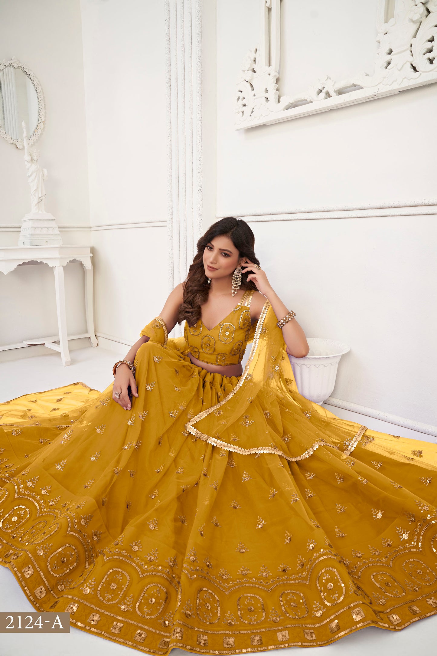 Yellow Butterfly Net Sequin & Cotton Thread Work Lehenga for Haldi