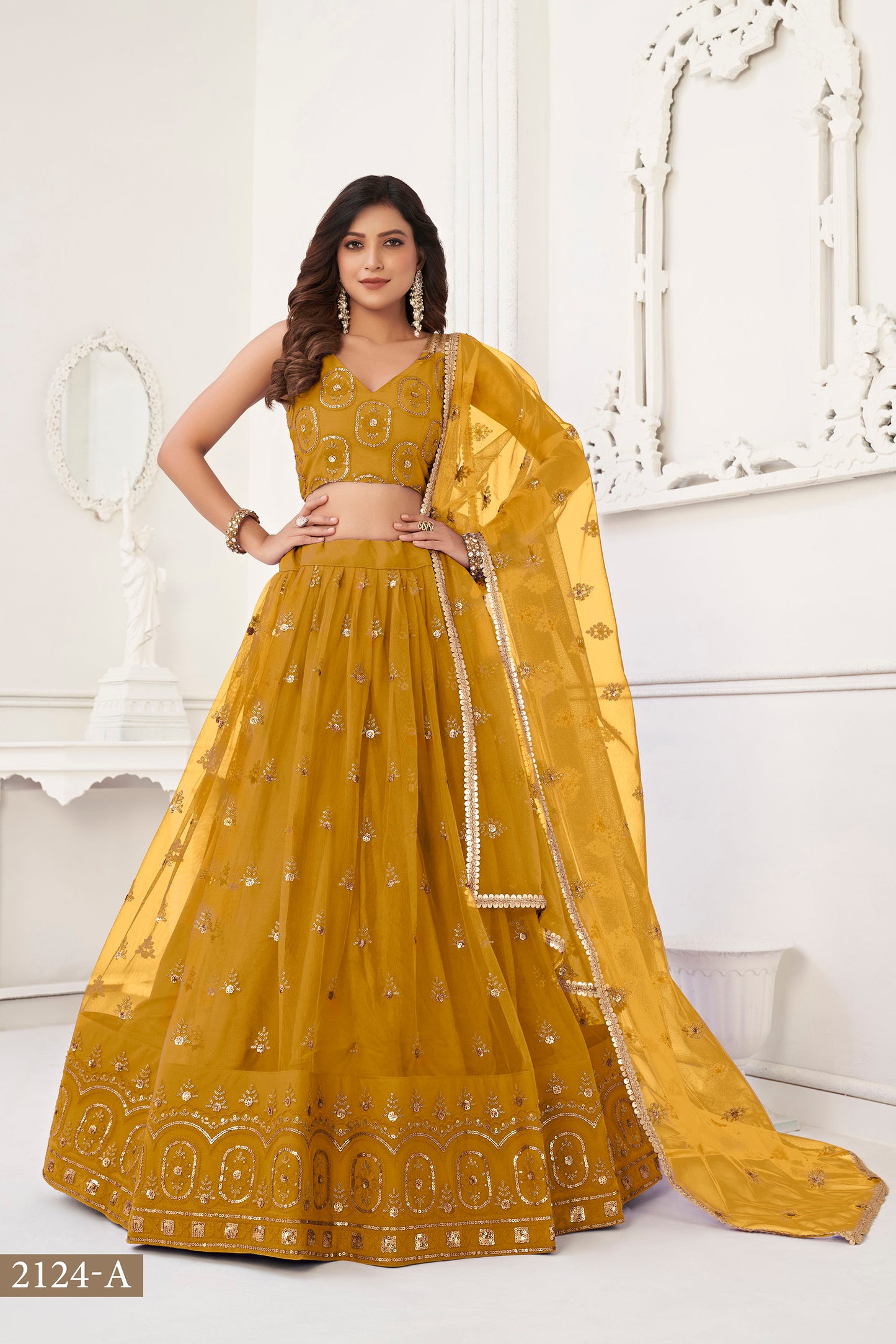 Yellow Butterfly Net Sequin & Cotton Thread Work Lehenga for Haldi