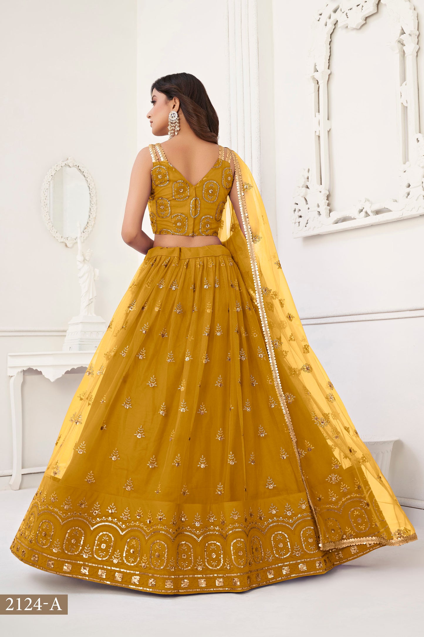 Yellow Butterfly Net Sequin & Cotton Thread Work Lehenga for Haldi