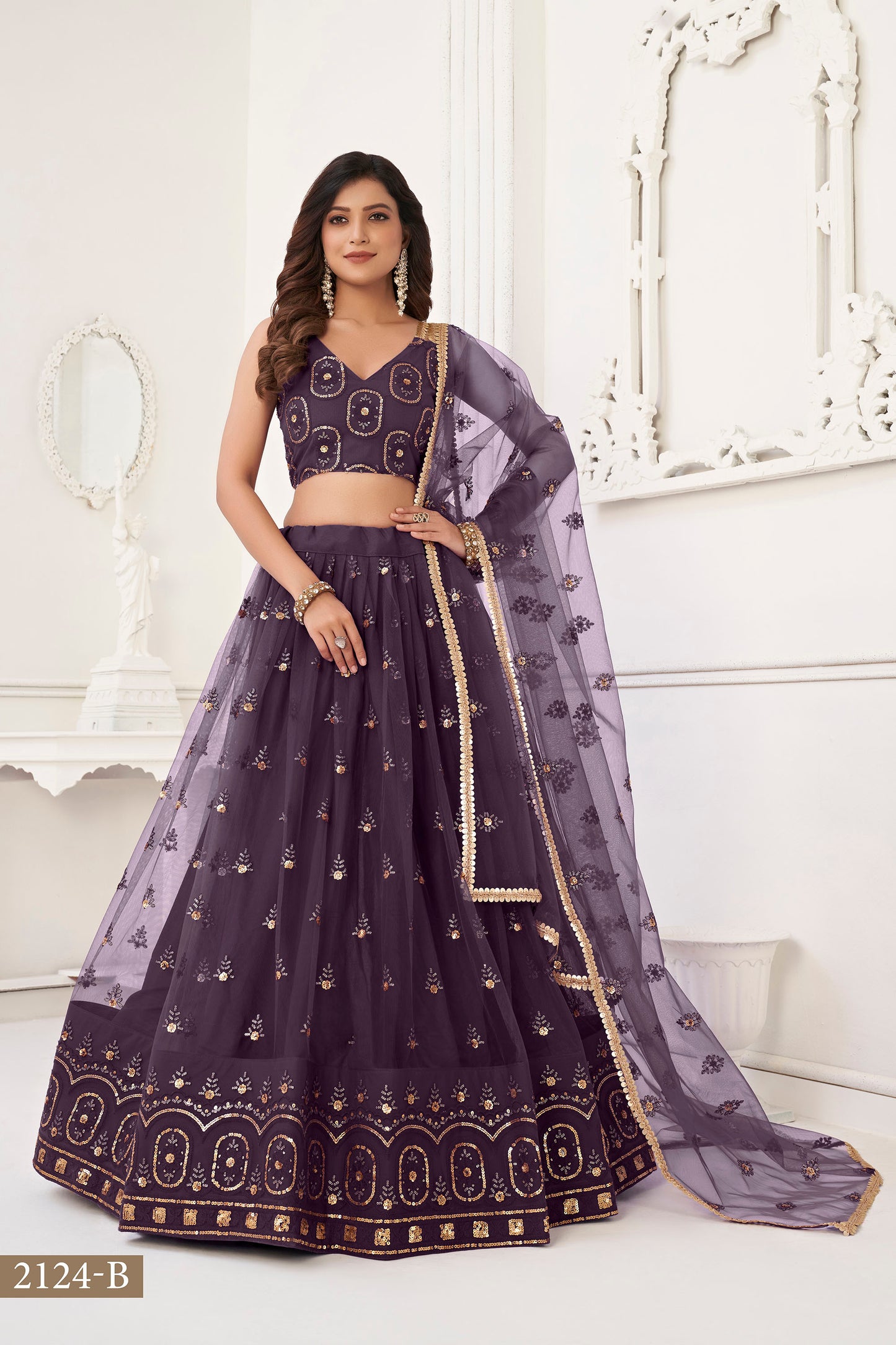 Dusty Wine Butterfly Net Sequin & Cotton Thread Work Wedding Guest Lehenga
