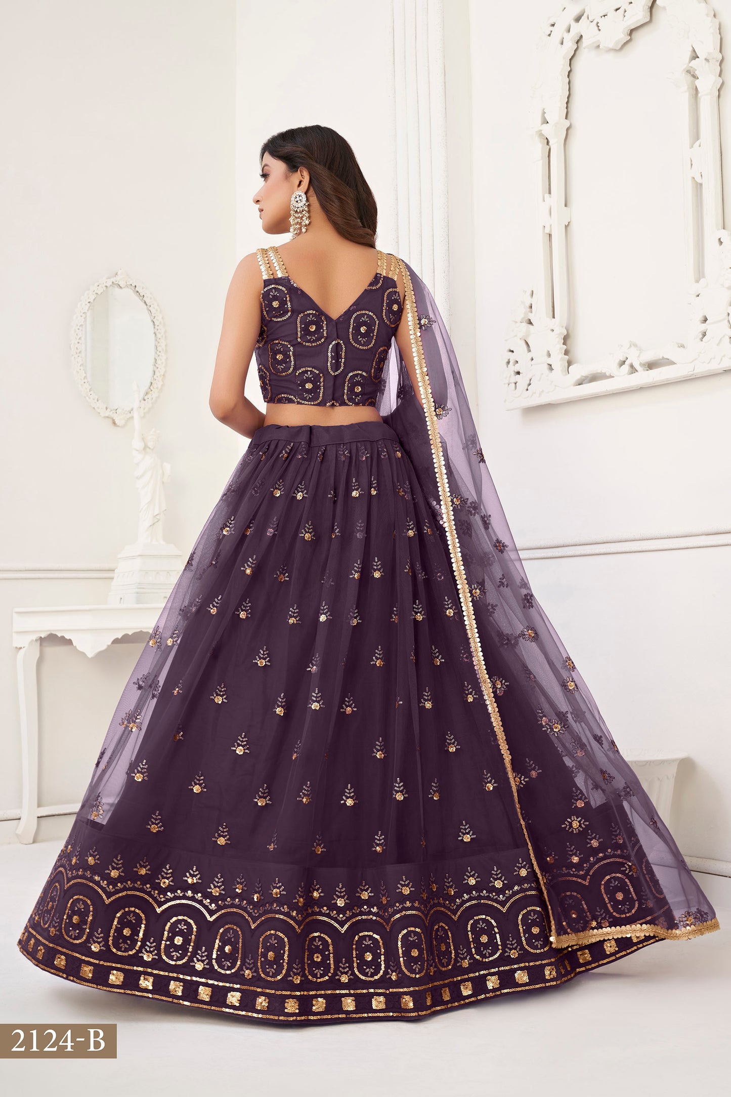 Dusty Wine Butterfly Net Sequin & Cotton Thread Work Wedding Guest Lehenga