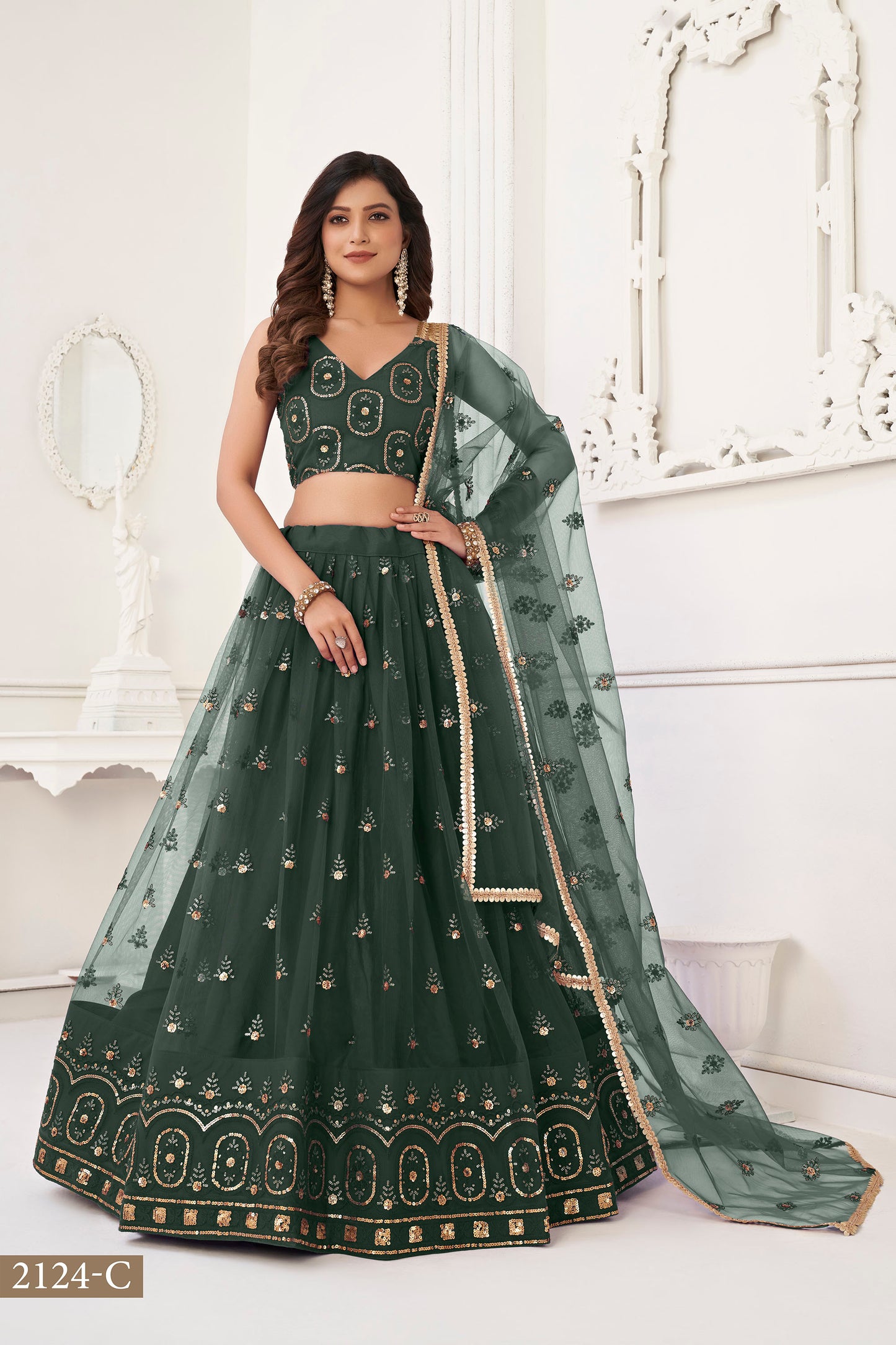 Green Butterfly Net Sequin & Cotton Thread Work Wedding Guest Lehenga for Mehendi