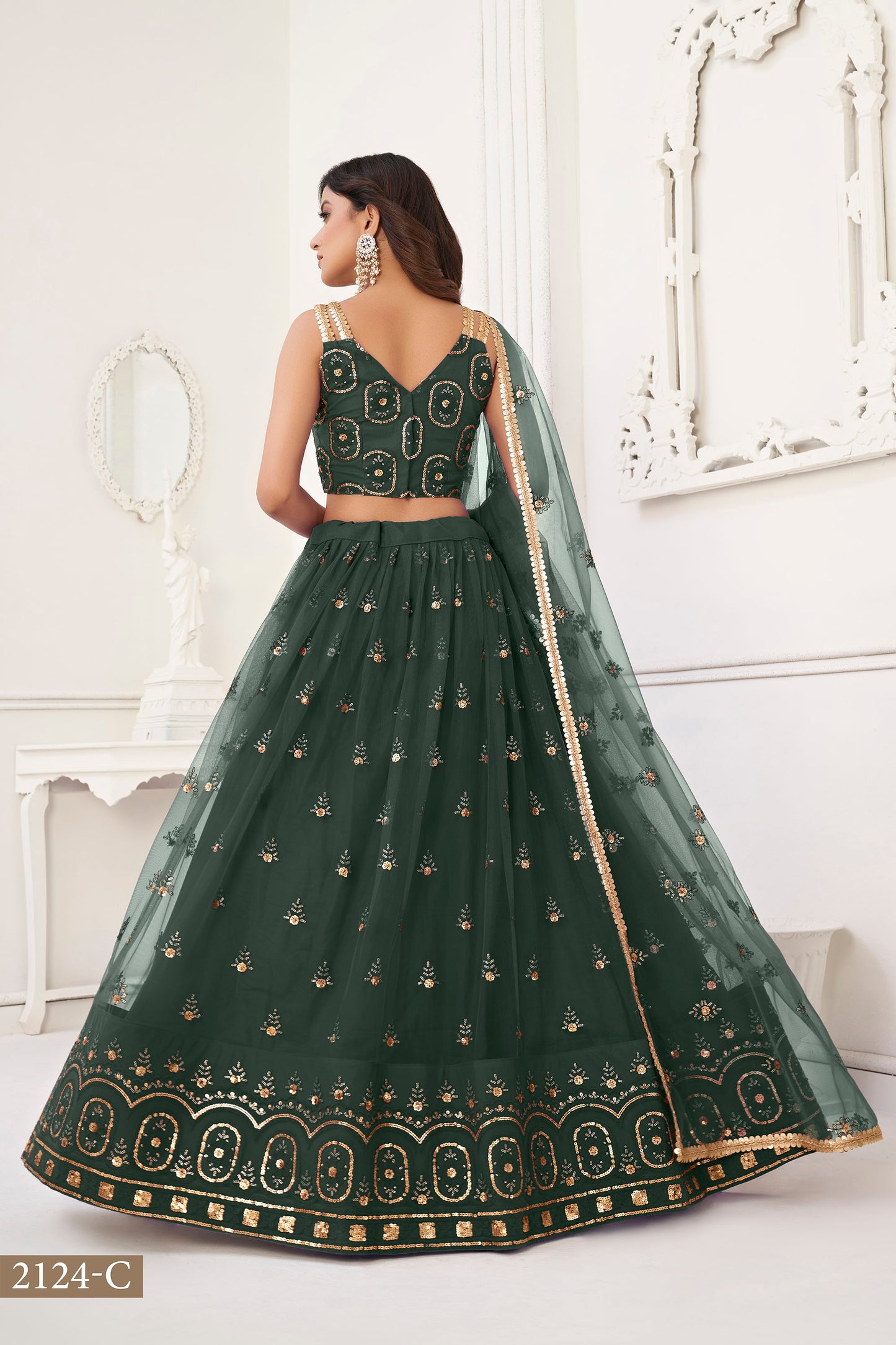 Green Butterfly Net Sequin & Cotton Thread Work Wedding Guest Lehenga for Mehendi