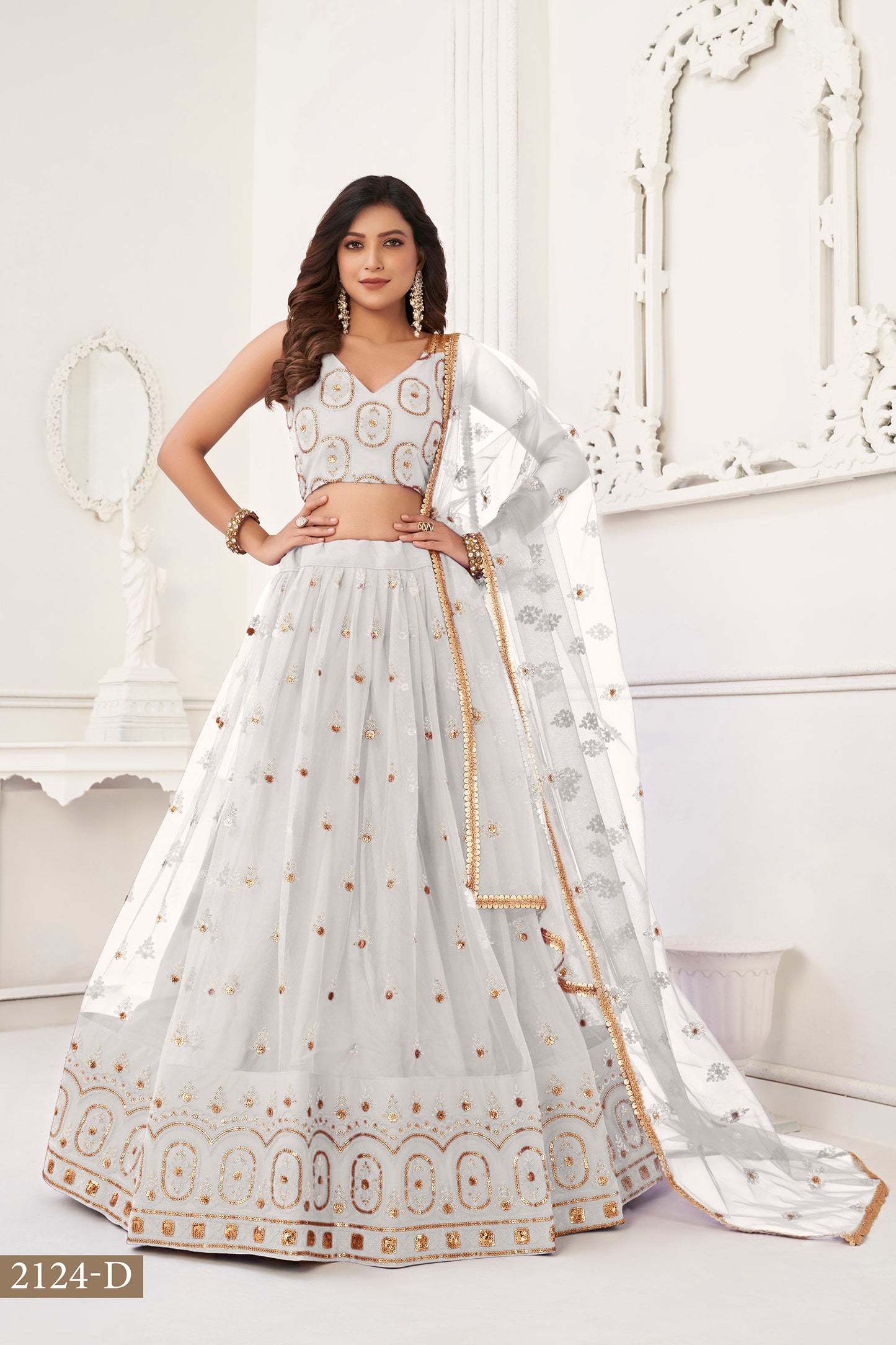 Off White Butterfly Net Sequin & Cotton Thread Work Lehenga for Wedding Guest