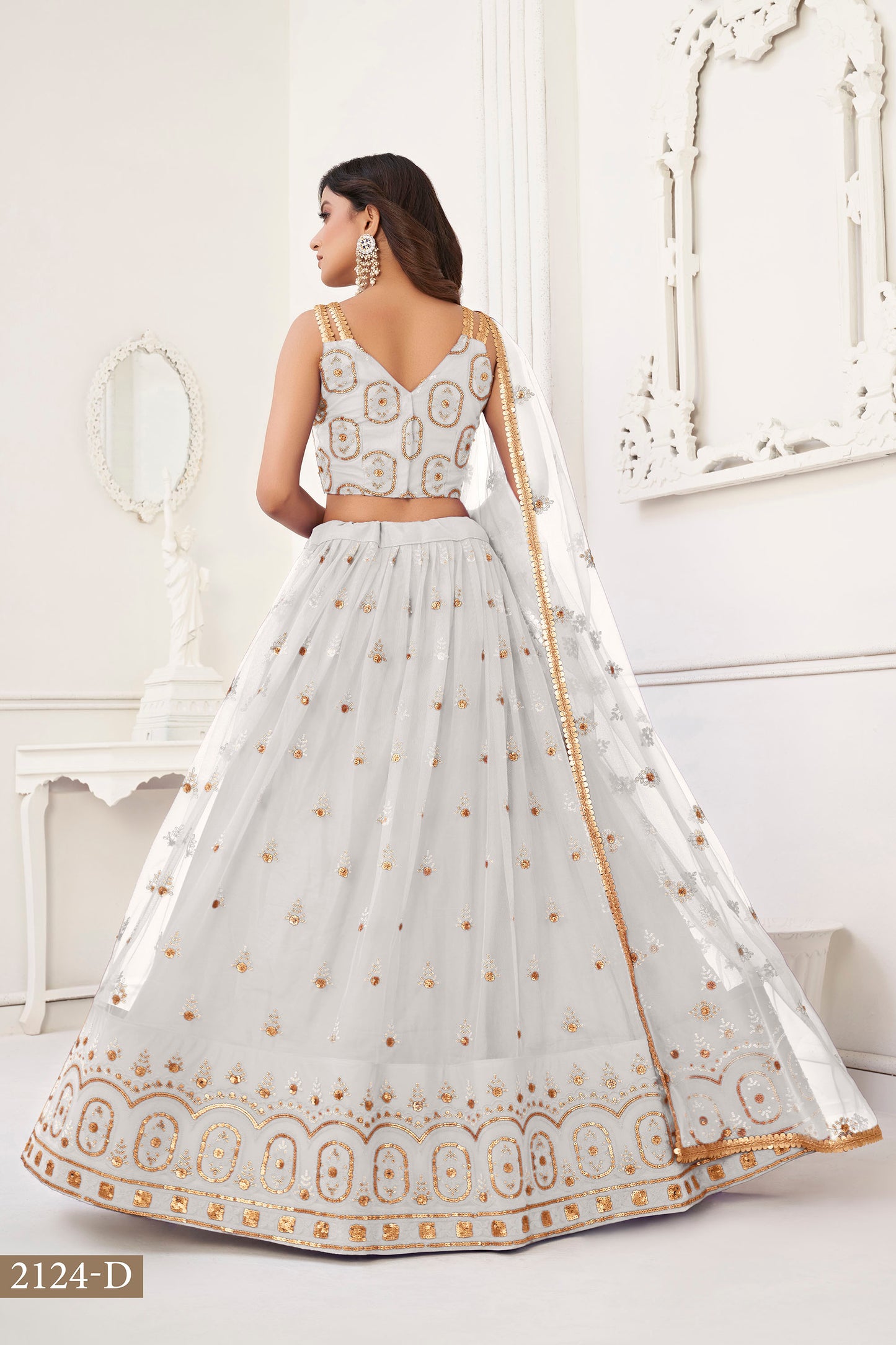 Off White Butterfly Net Sequin & Cotton Thread Work Lehenga for Wedding Guest