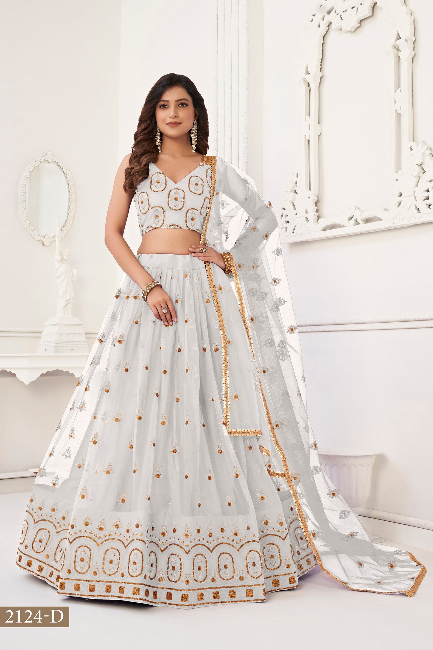 Off White Butterfly Net Sequin & Cotton Thread Work Lehenga for Wedding Guest