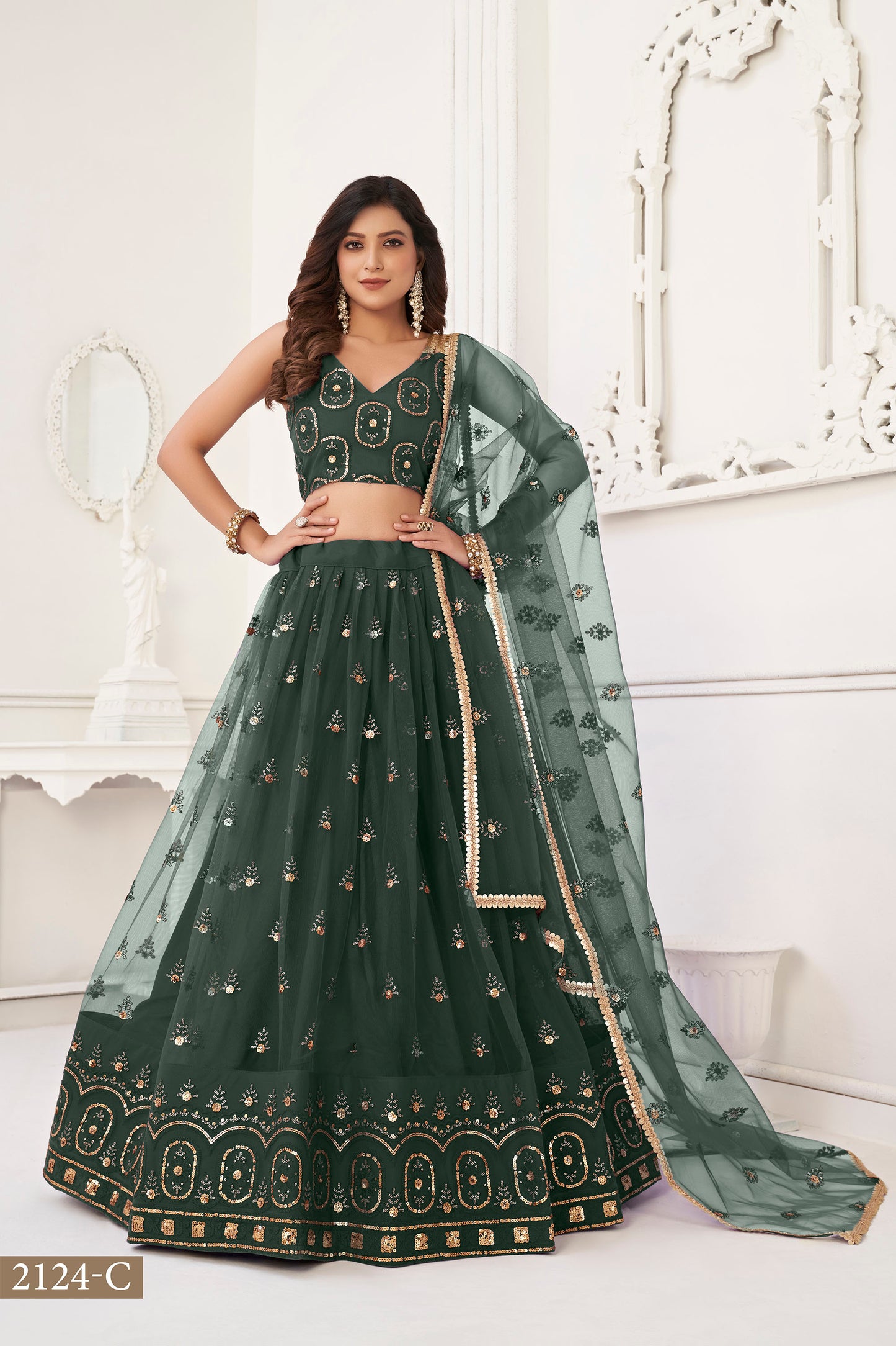 Green Butterfly Net Sequin & Cotton Thread Work Wedding Guest Lehenga for Mehendi