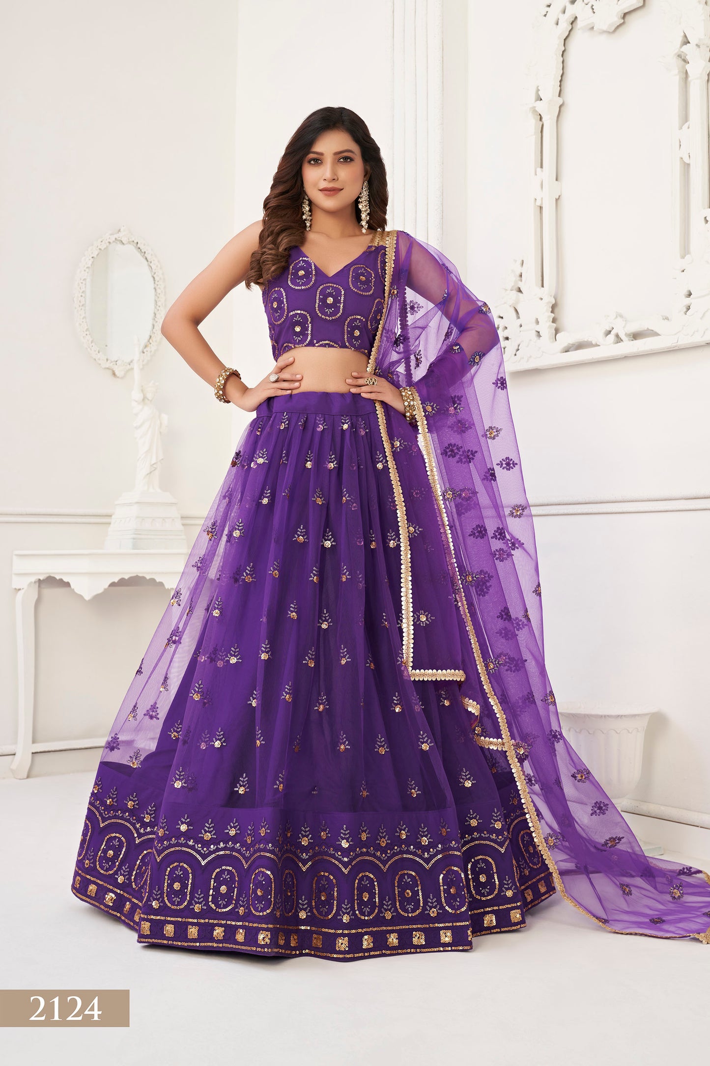Purple Butterfly Net Sequin & Cotton Thread Work Reception Lehenga