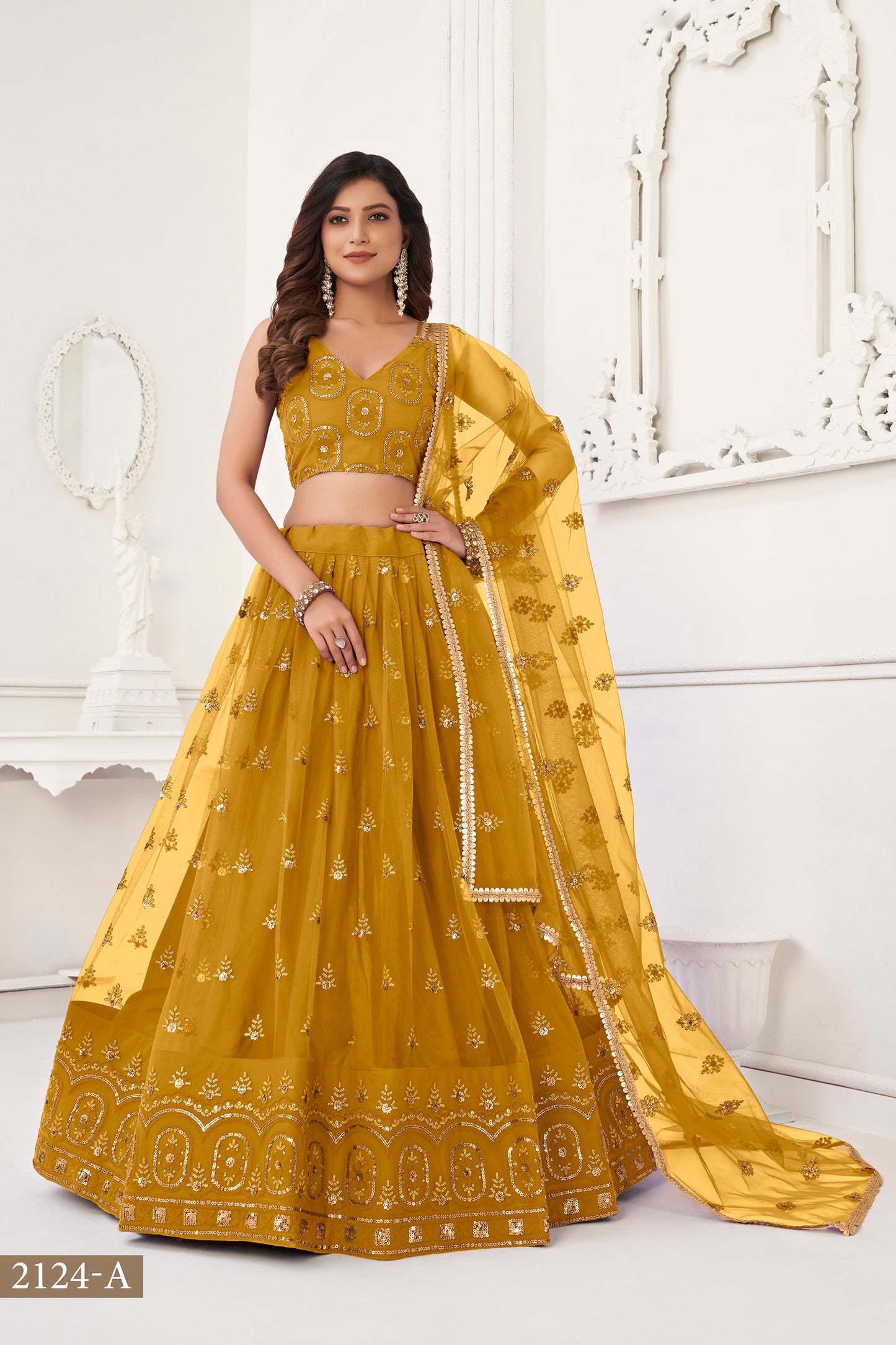 Yellow Butterfly Net Sequin & Cotton Thread Work Lehenga for Haldi
