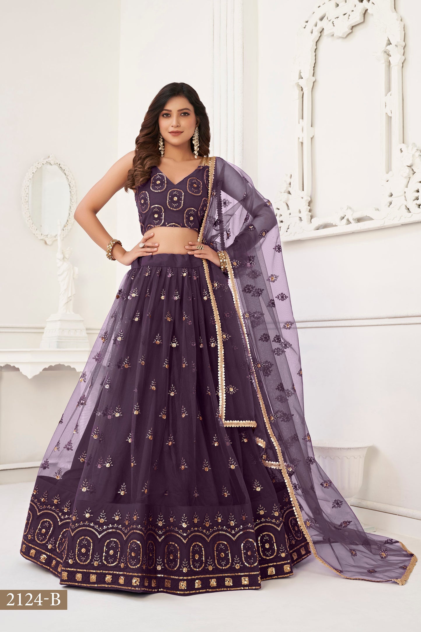 Dusty Wine Butterfly Net Sequin & Cotton Thread Work Wedding Guest Lehenga