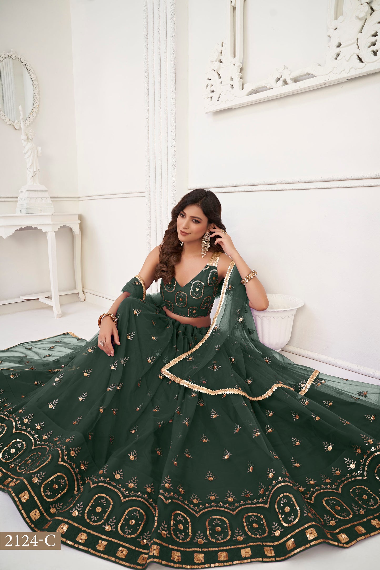 Green Butterfly Net Sequin & Cotton Thread Work Wedding Guest Lehenga for Mehendi