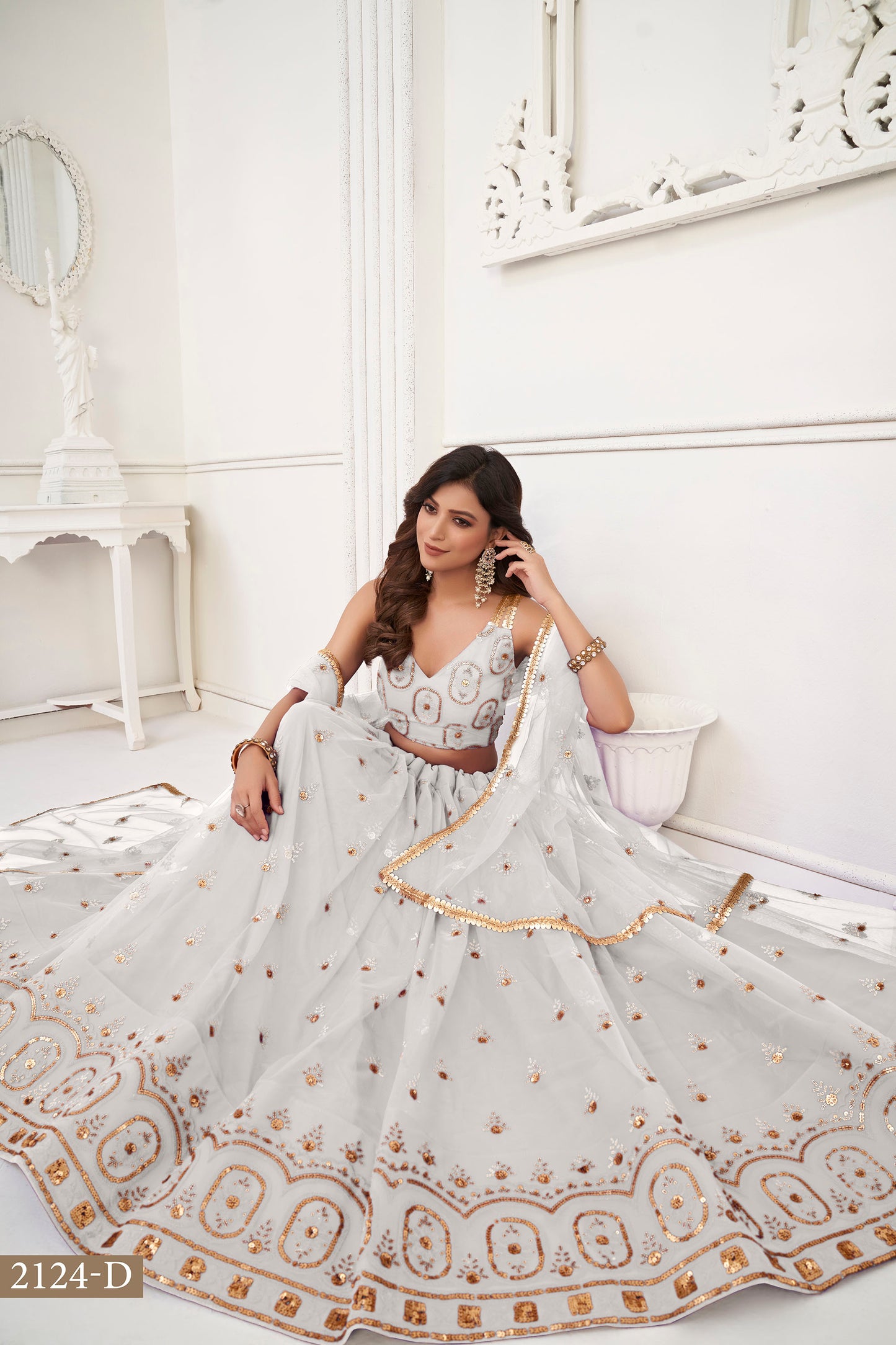 Off White Butterfly Net Sequin & Cotton Thread Work Lehenga for Wedding Guest