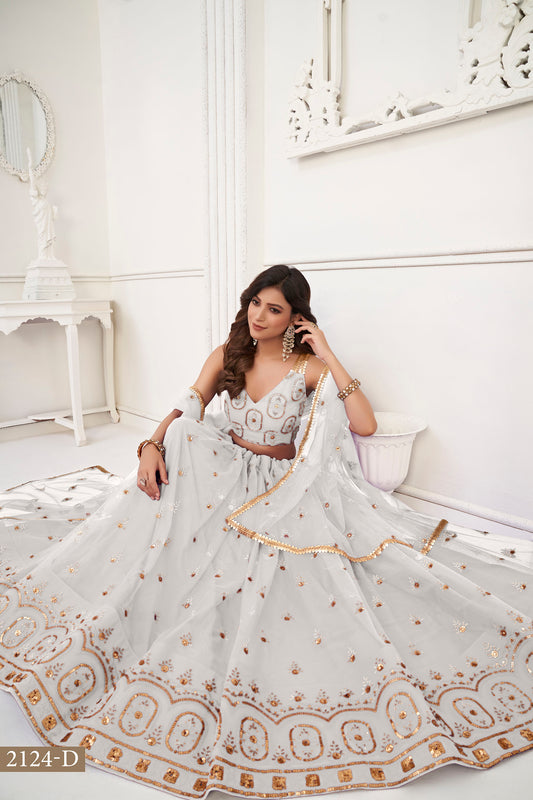 Off White Butterfly Net Sequin & Cotton Thread Work Lehenga for Wedding Guest
