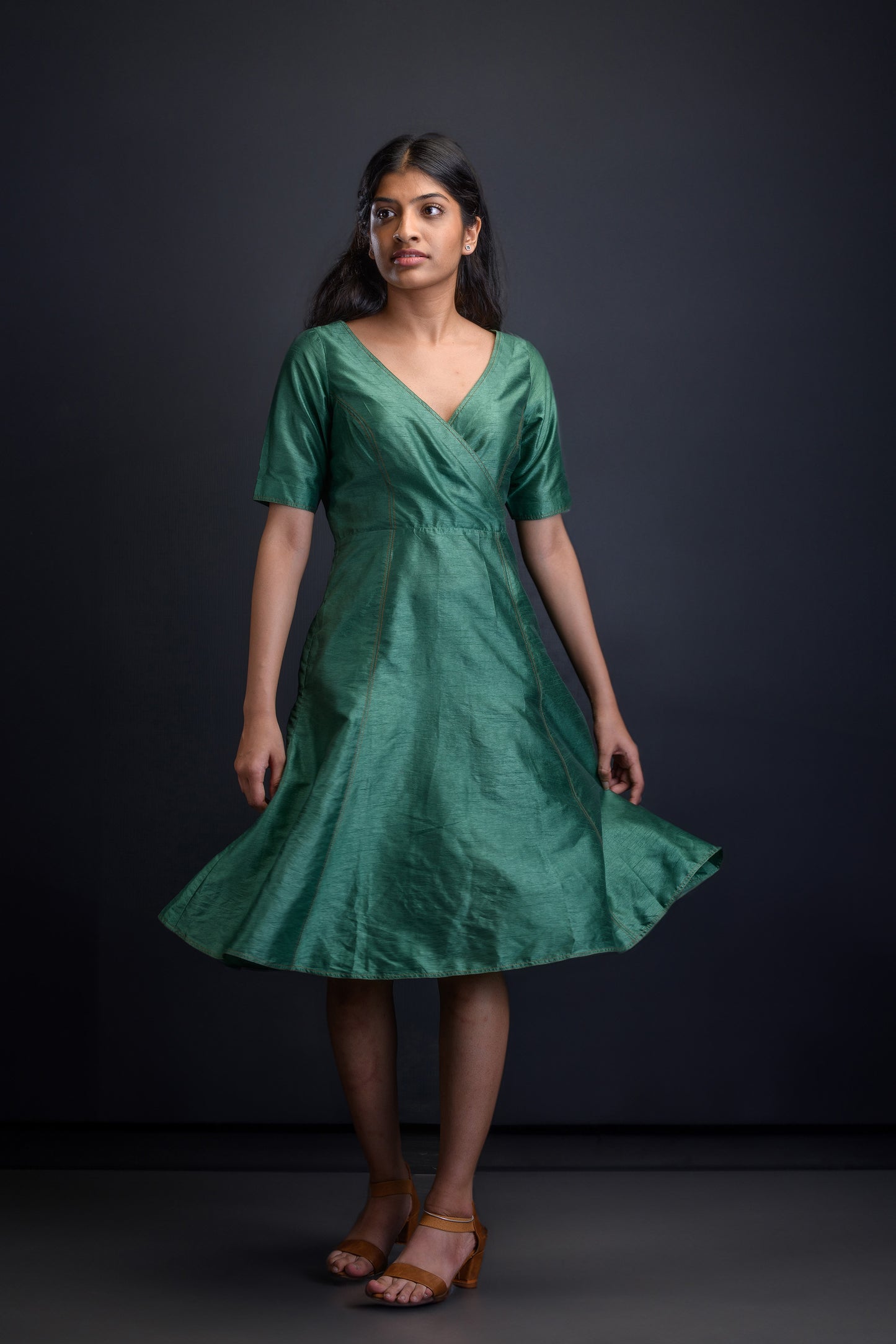 Green Embroidered Dupion Silk Mehr Dress with chandni belt