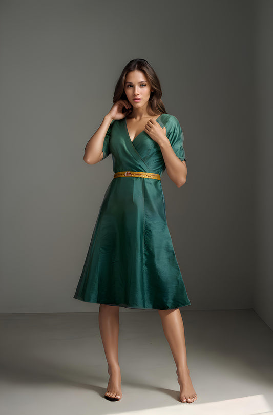 Green Embroidered Dupion Silk Mehr Dress with chandni belt
