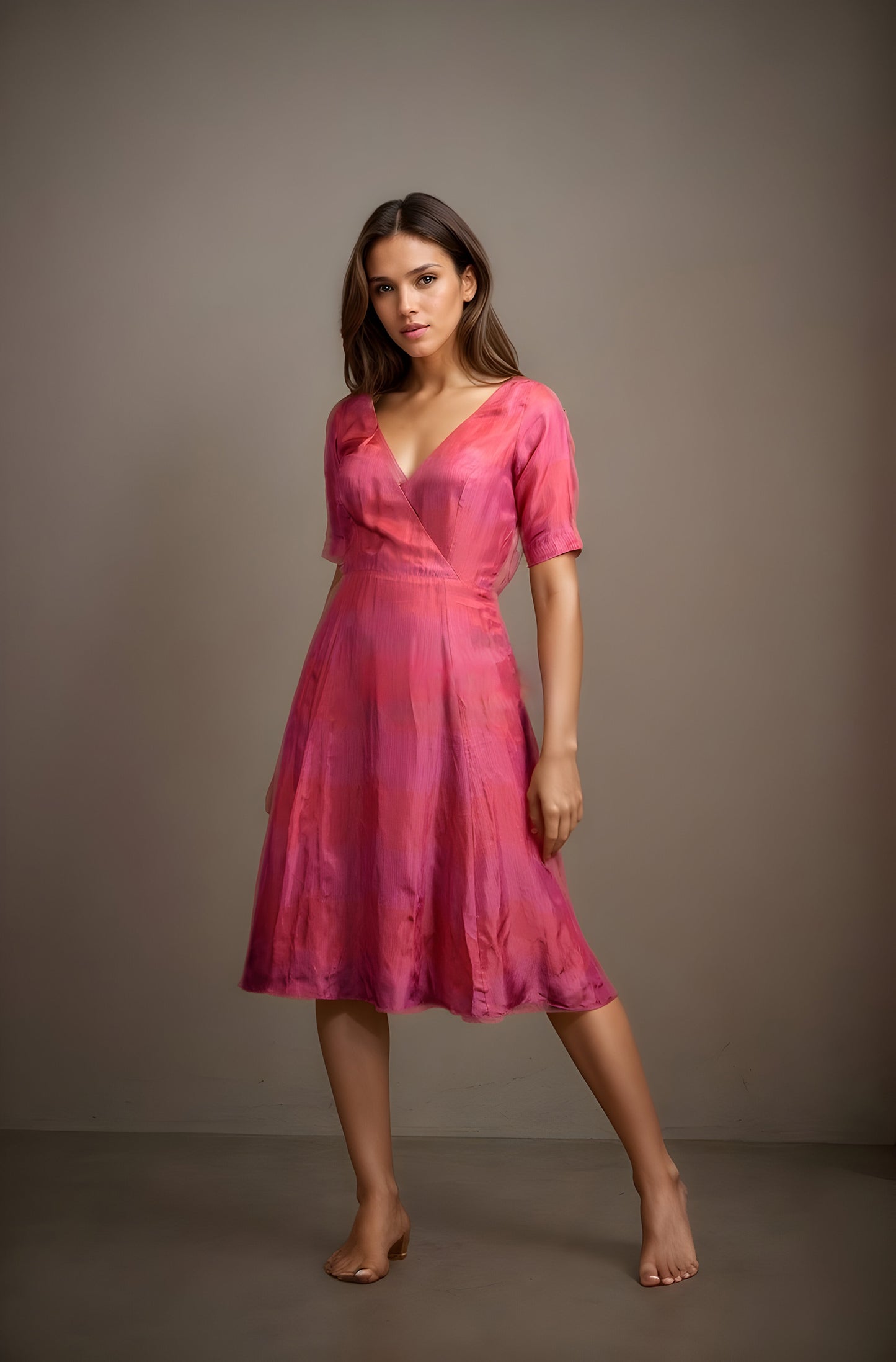 Pink Printed Uppada Silk Noor Dress