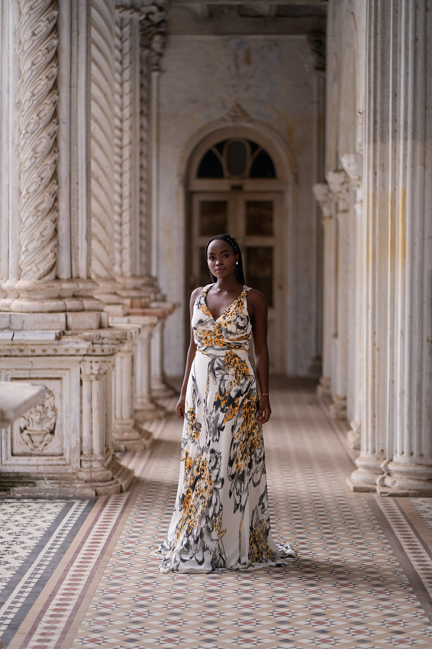 Yellow & White Satin summertime Animal Print Party Wear Gown