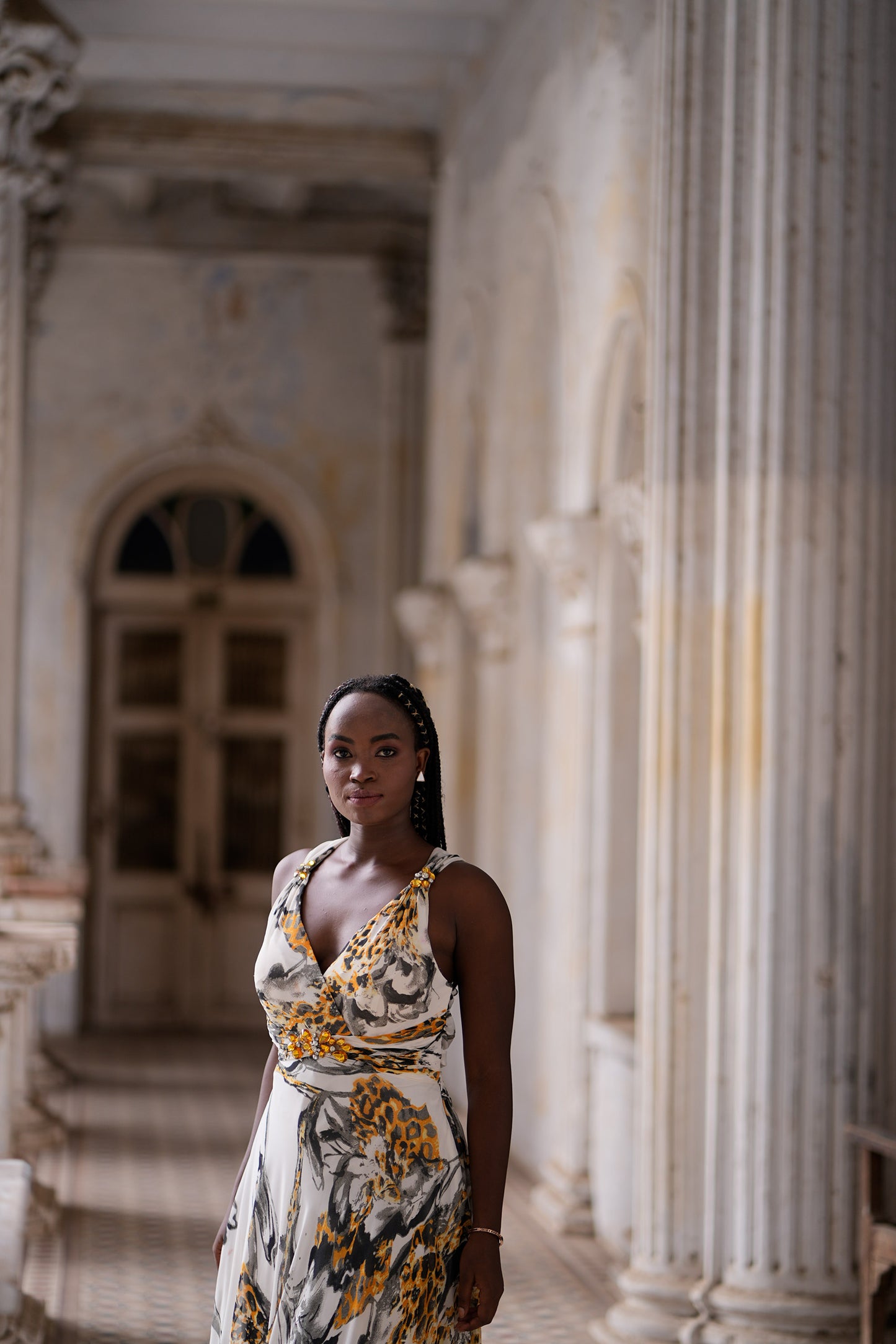 Yellow & White Satin summertime Animal Print Party Wear Gown