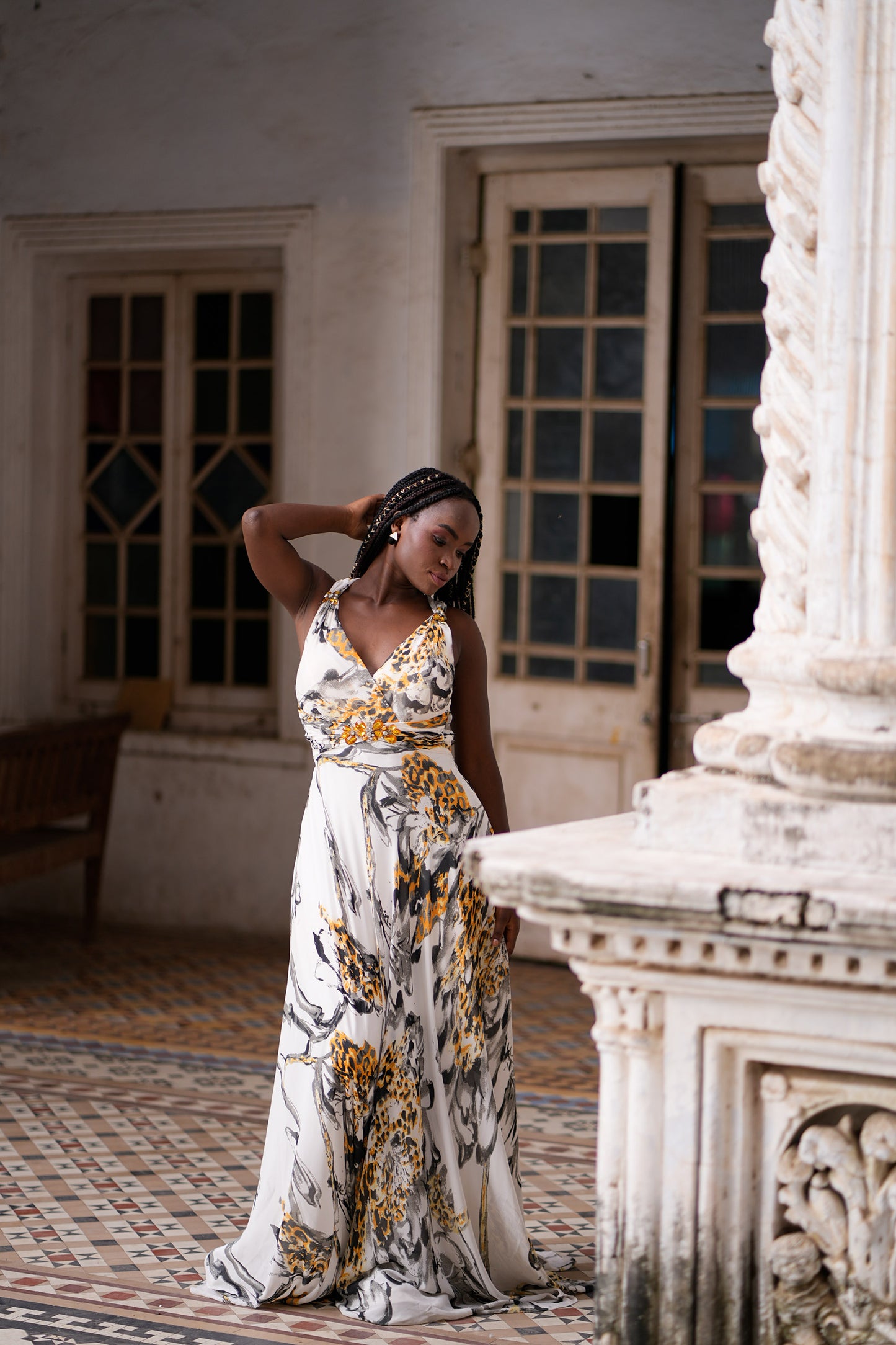 Yellow & White Satin summertime Animal Print Party Wear Gown